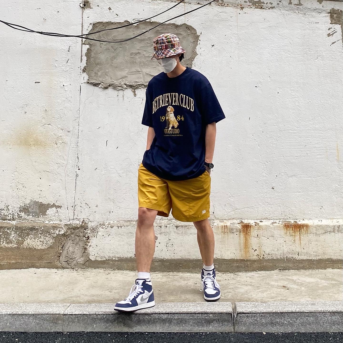 Jordan 1 Retro High OG CO.JP Midnight Navy, Palace Mad Rass Bucket Madras - 20SS 착용 스타일