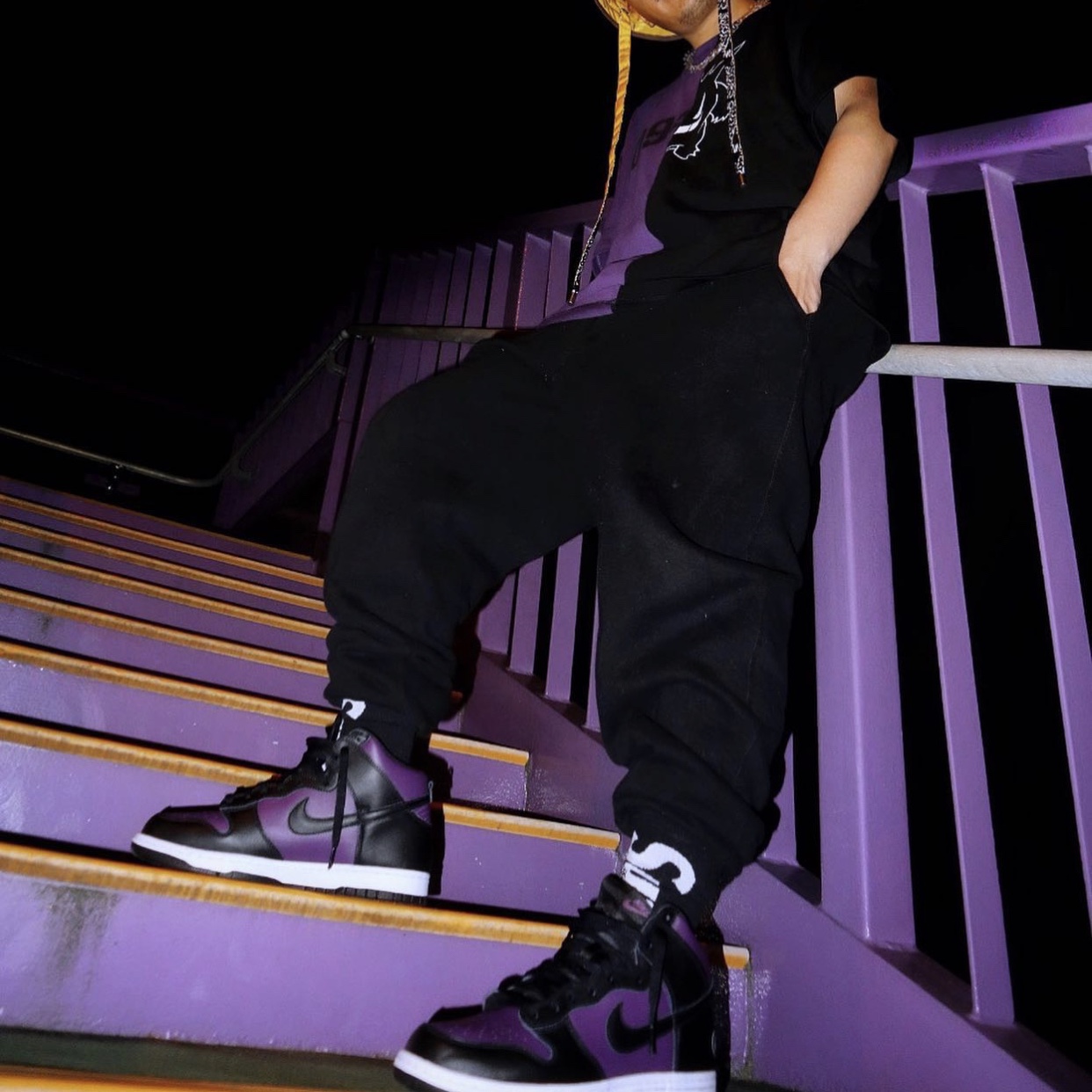 Nike x Fragment Dunk High Black 착용 스타일 - 3