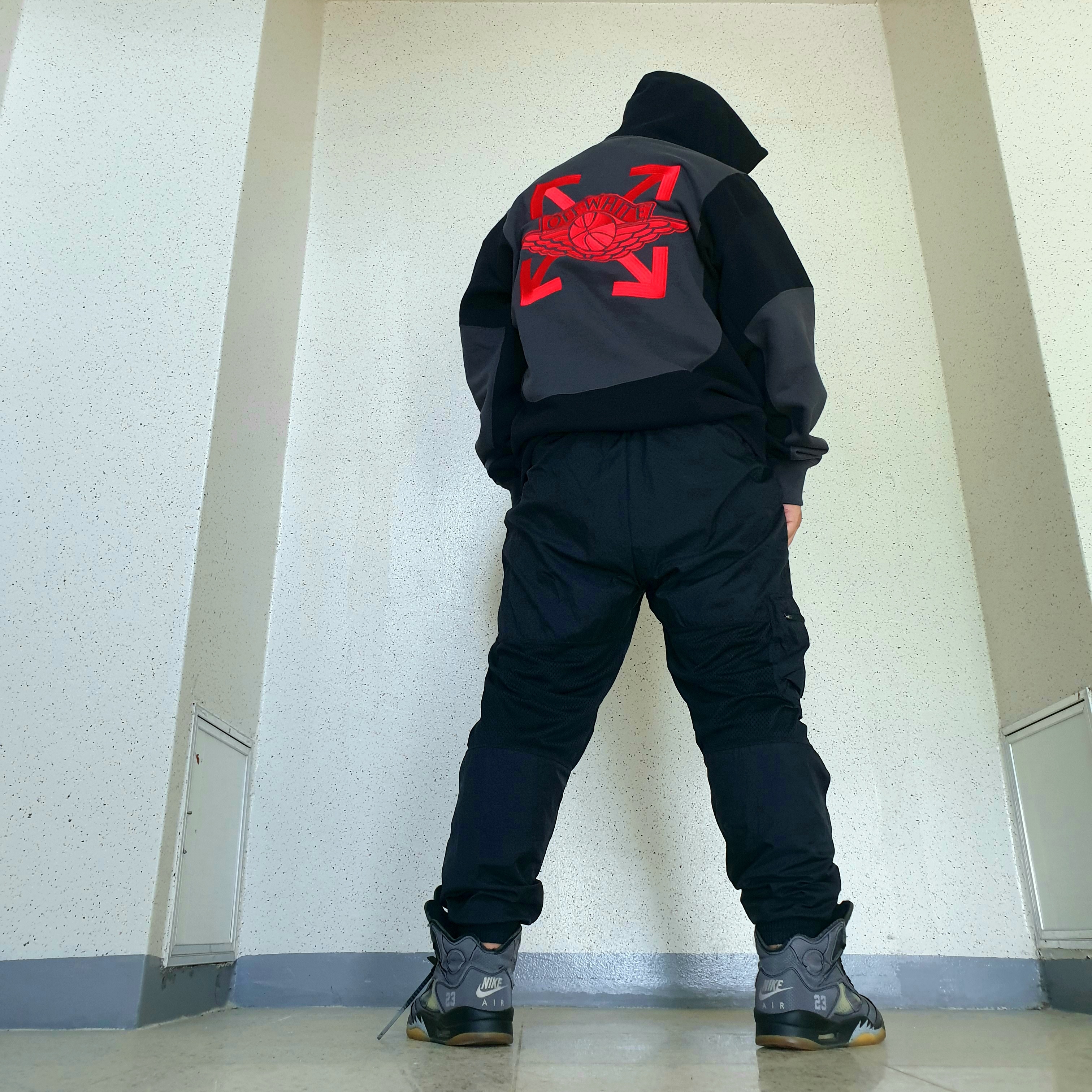 Jordan 5 x Off-White Retro SP Black Muslin, Jordan x Off-White Fleece Pullover Hoodie Black - US/EU 착용 스타일 - 2