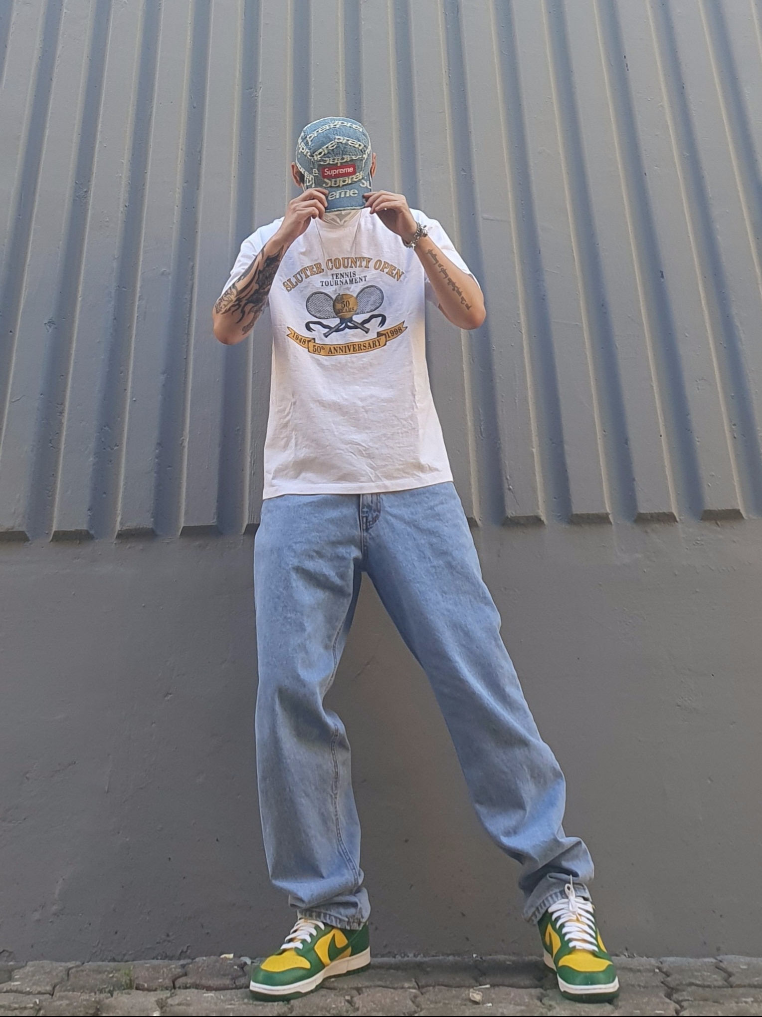 Supreme Frayed Logos Denim Camp Cap Blue - 21SS, Nike Dunk Low SP Brazil 2020 착용 스타일