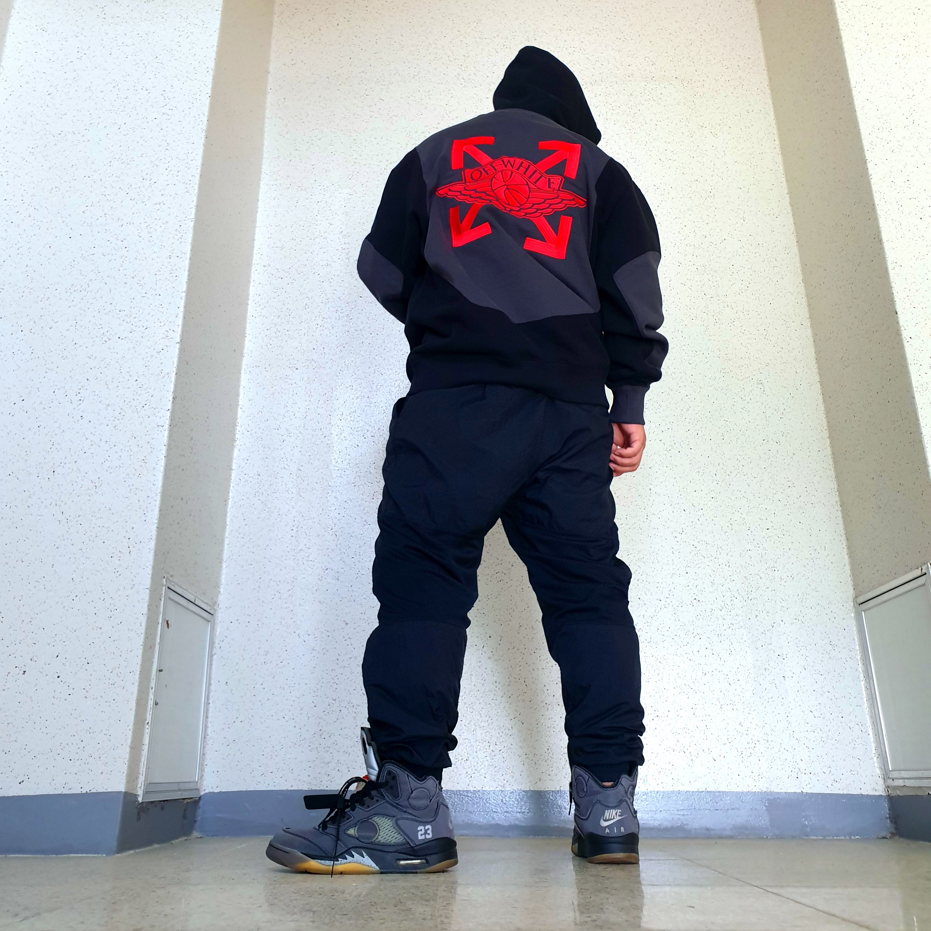 Jordan 5 x Off-White Retro SP Black Muslin, Jordan x Off-White Fleece Pullover Hoodie Black - US/EU 착용 스타일 - 2