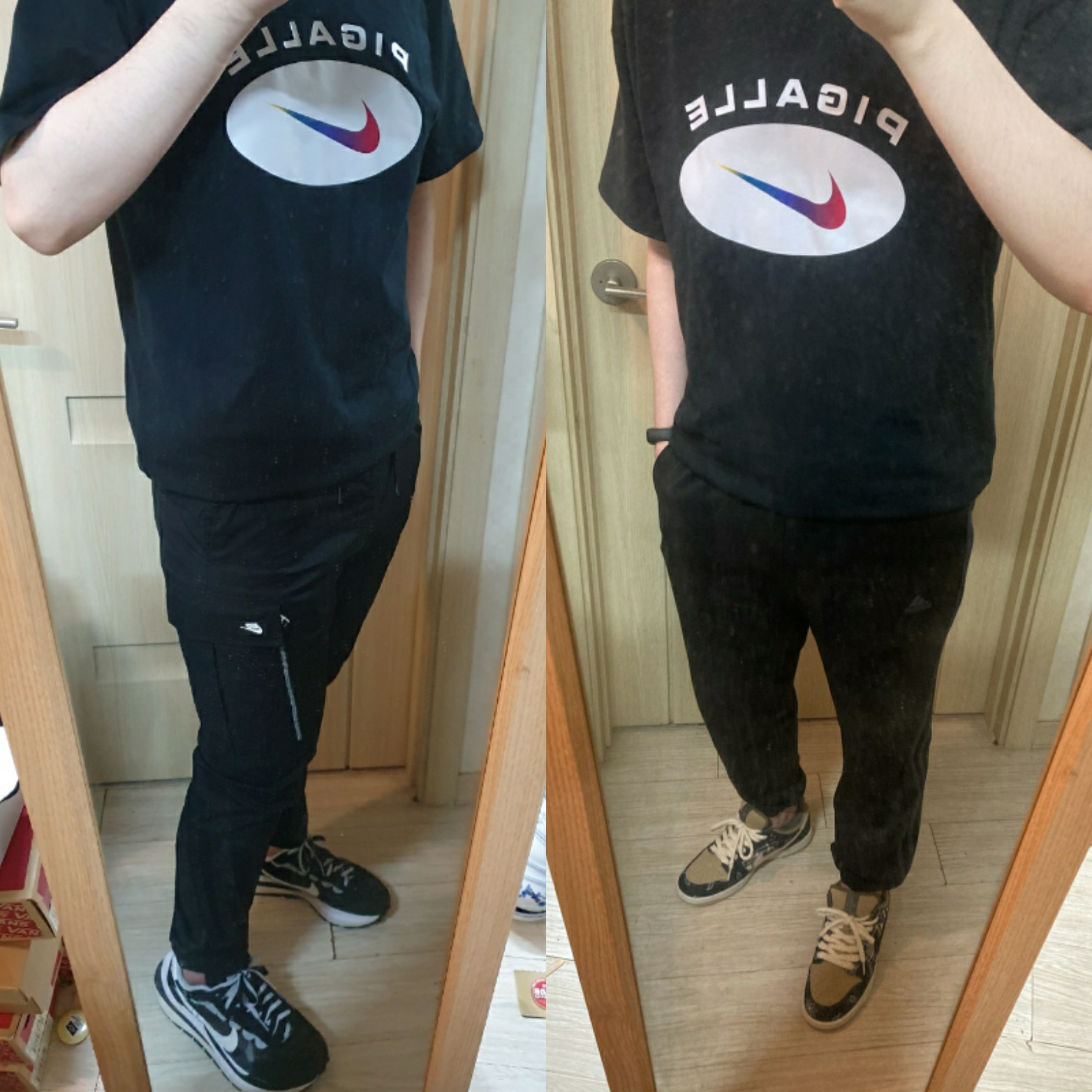 Nike x Travis Scott SB Dunk Low, Nike x Sacai VaporWaffle Black White 착용 스타일