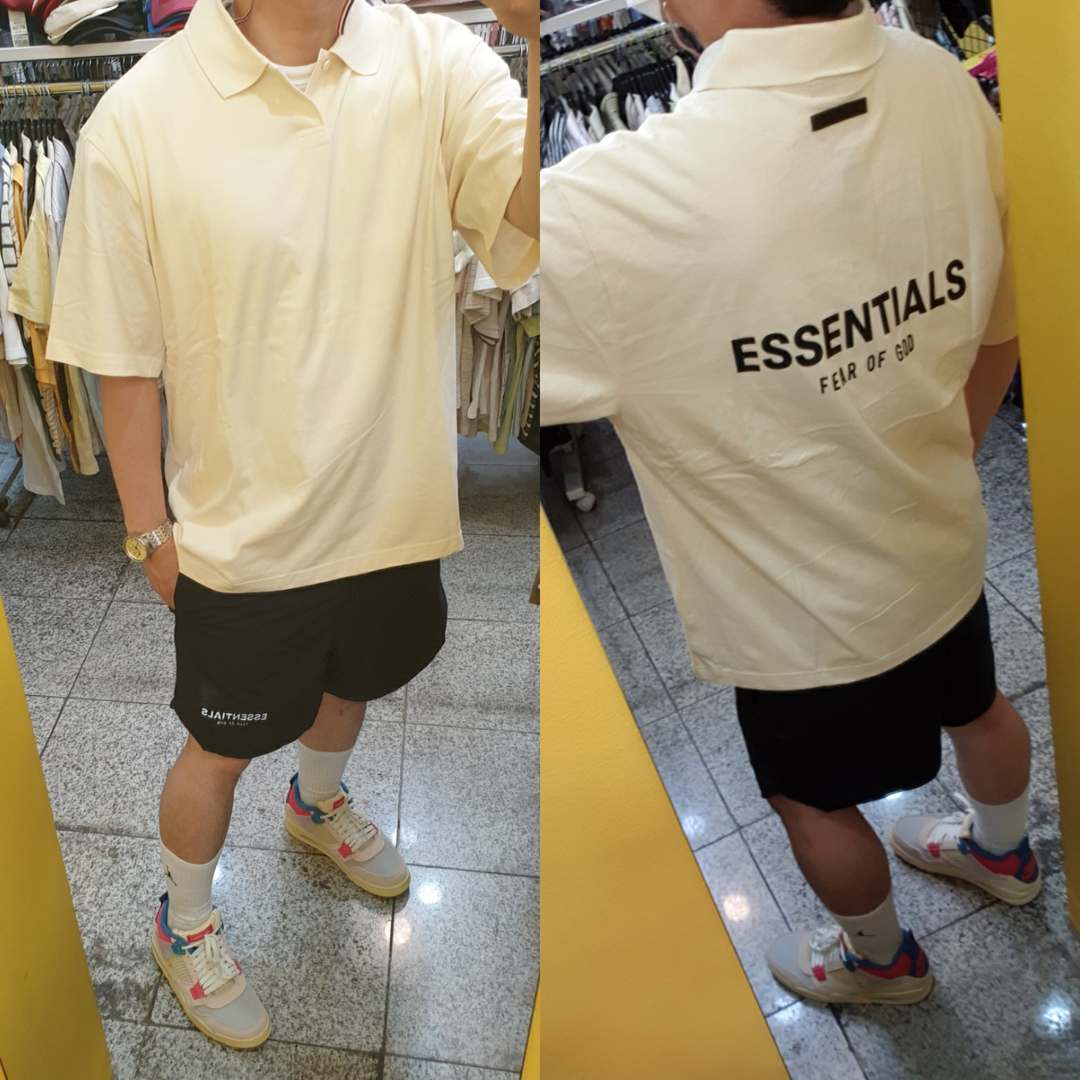 Essentials Short Sleeve Polo Cream - 21SS, Essentials Sweatshorts Black 2020 착용 스타일