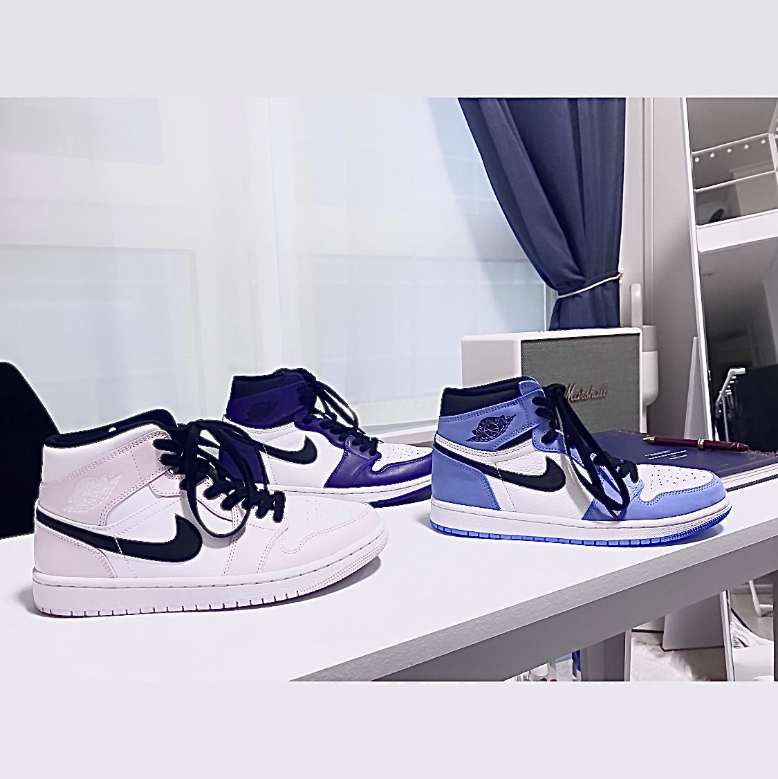 (W) Jordan 1 Mid Barely Rose, Jordan 1 Retro High OG Court Purple 2020 착용 스타일