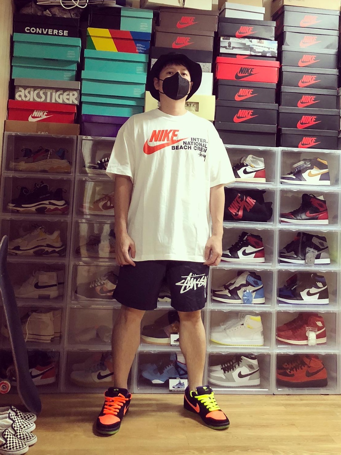 Nike x Stussy Water Shorts Off Noir, Nike x Stussy Bucket Hat Black 착용 스타일