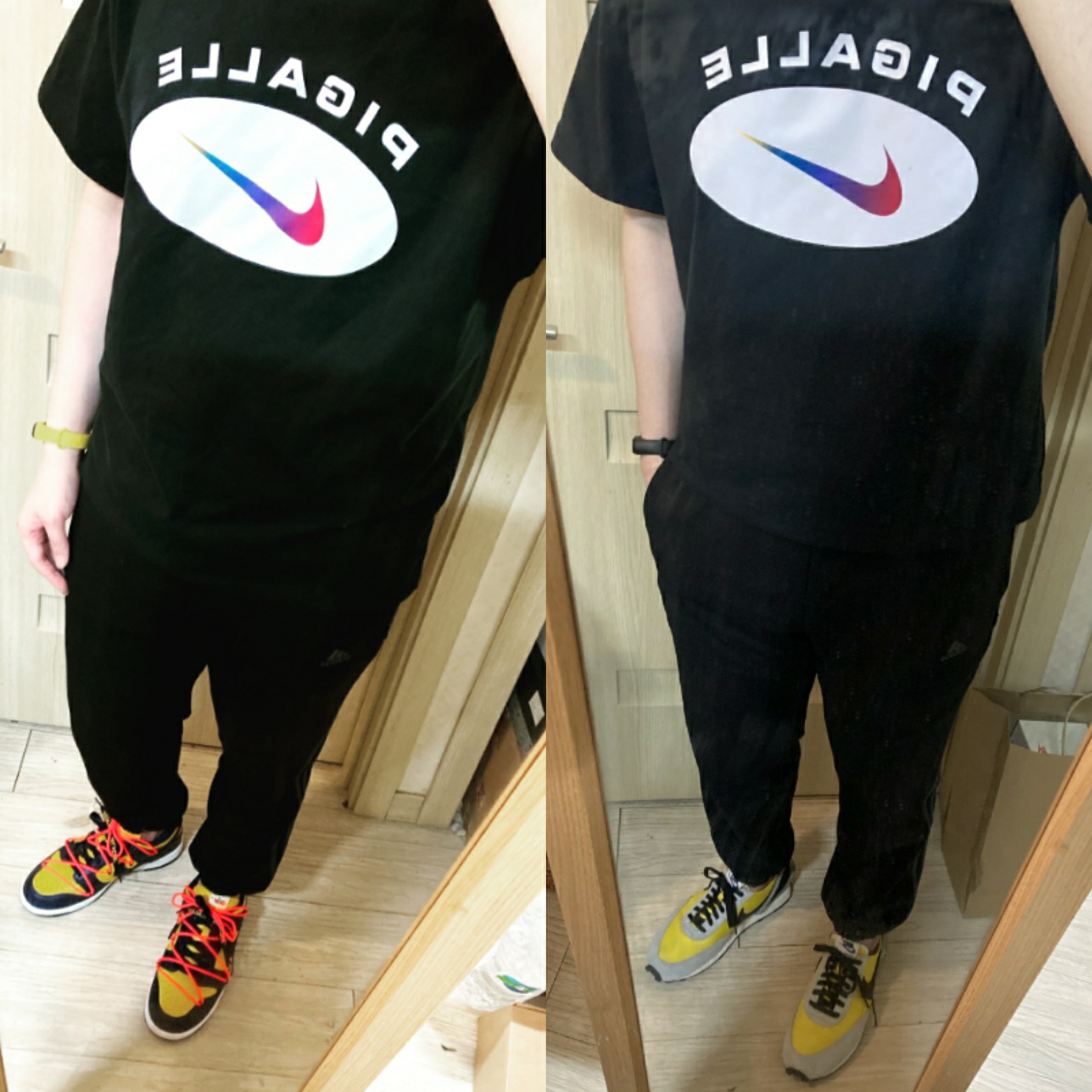 Nike x Off-White Dunk Low University Gold Midnight Navy, Nike x Undercover Daybreak Bright Citron 착용 스타일