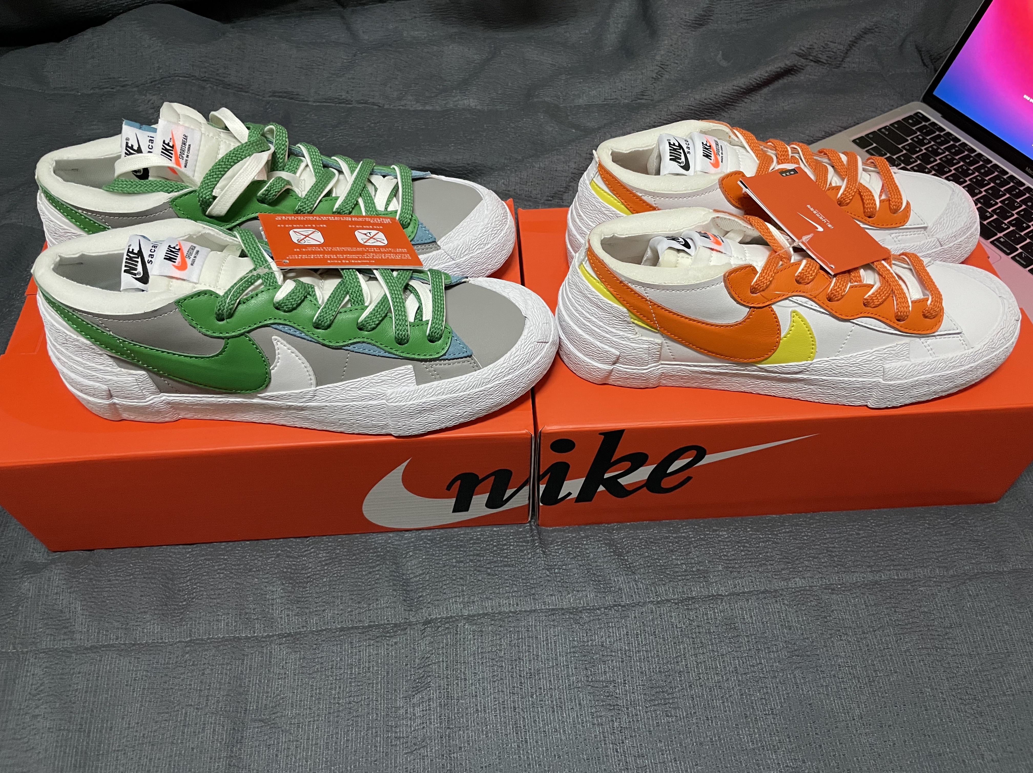 Nike x Sacai Blazer Low Magma Orange, Nike x Sacai Blazer Low Classic Green 착용 스타일