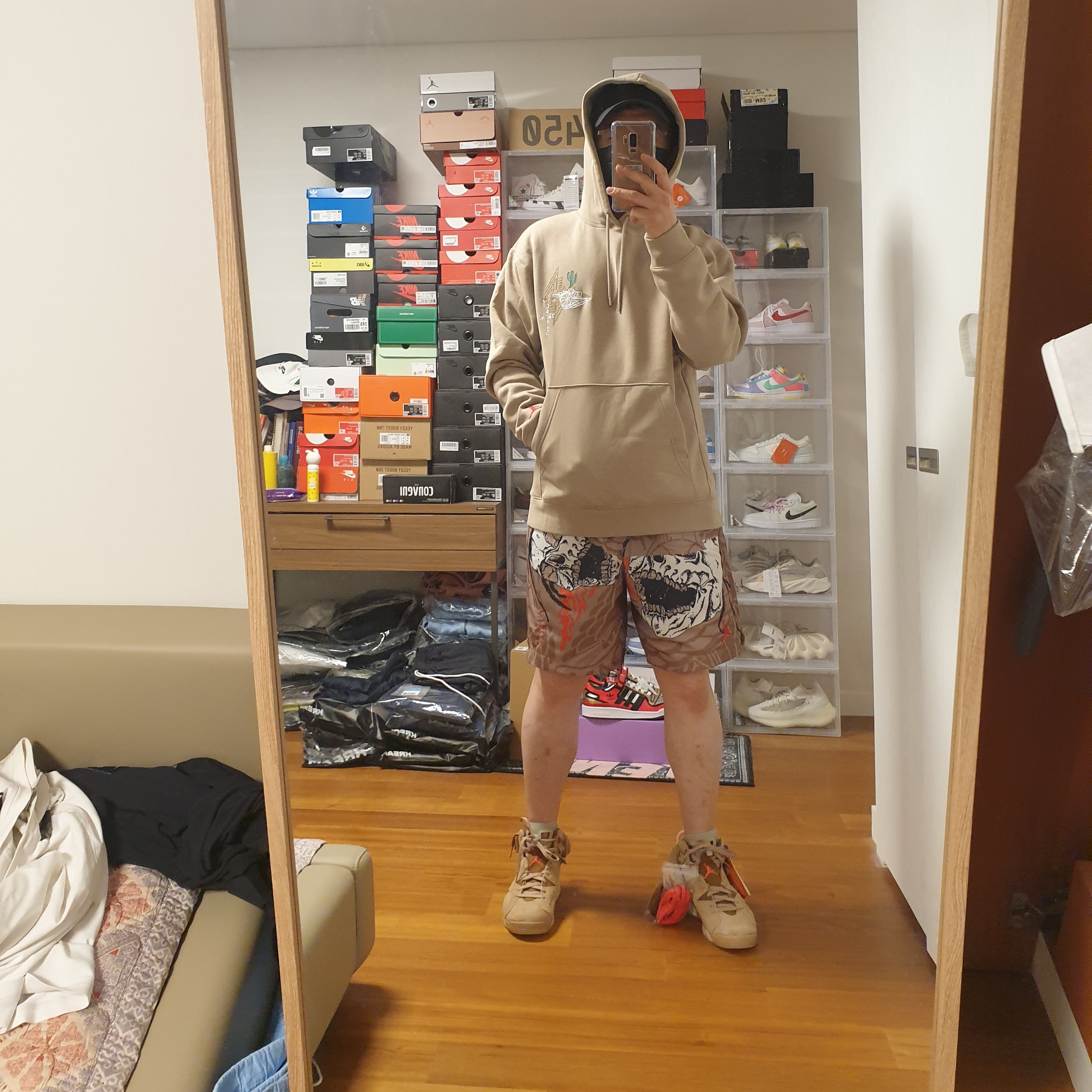 Jordan 6 x Travis Scott Retro SP British Khaki, Jordan x Travis Scott Pool Shorts - Asia 착용 스타일 - 4