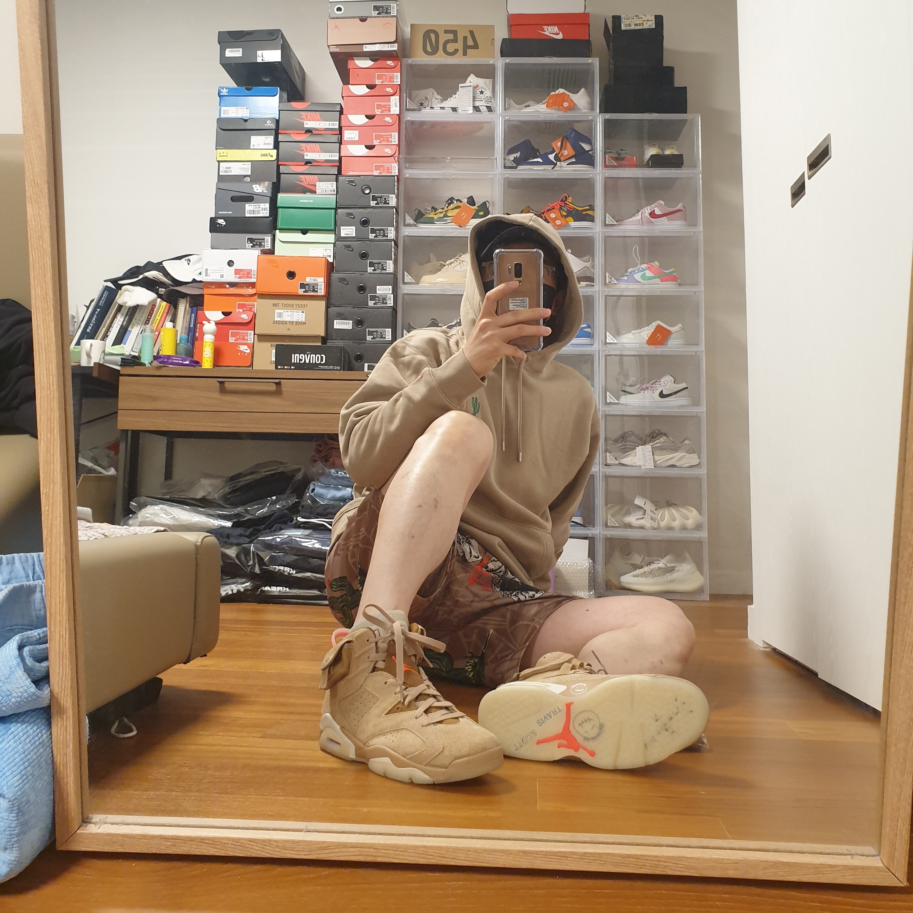 Jordan 6 x Travis Scott Retro SP British Khaki, Jordan x Travis Scott Pool Shorts - Asia 착용 스타일 - 5