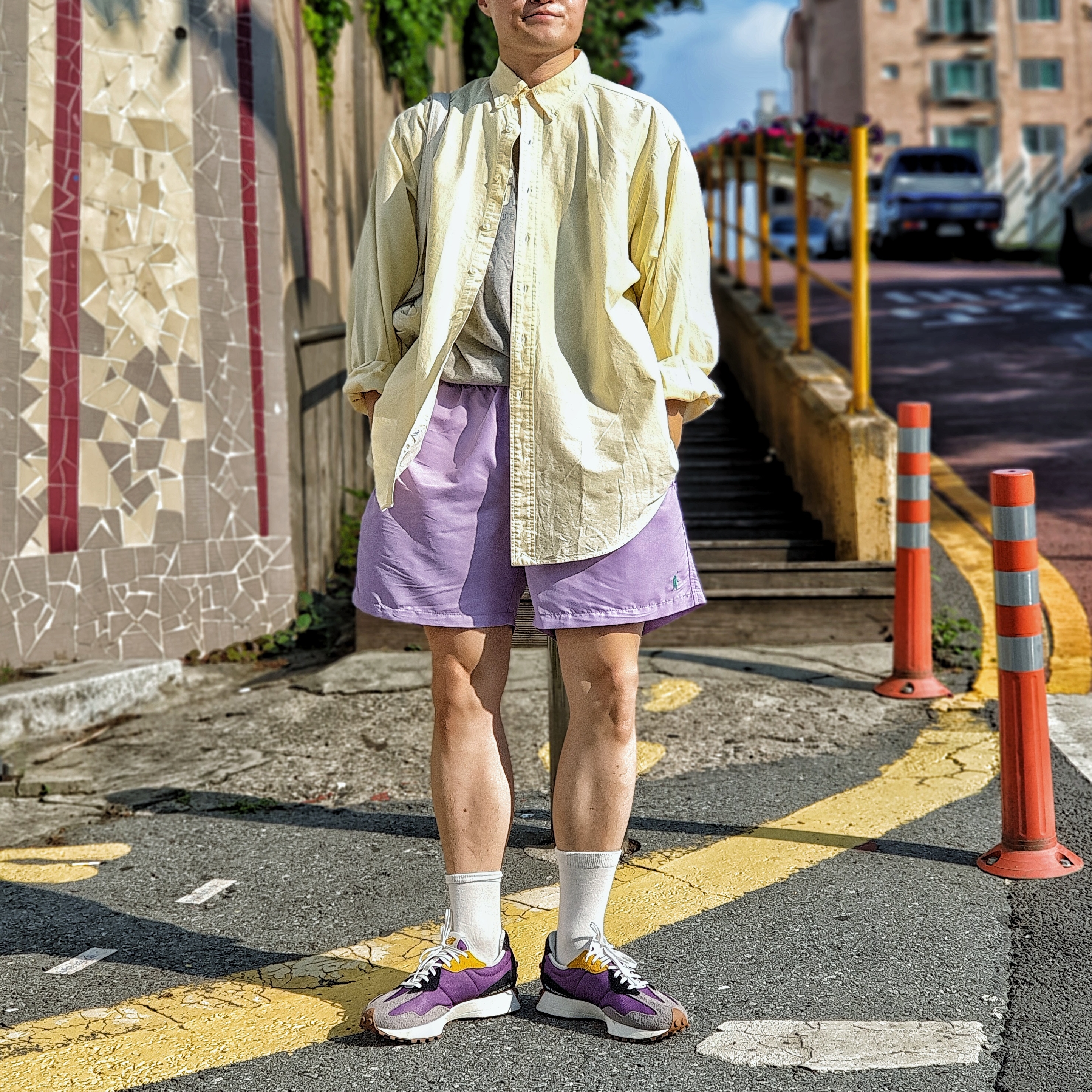 (W) New Balance 327 Purple Black 착용 스타일