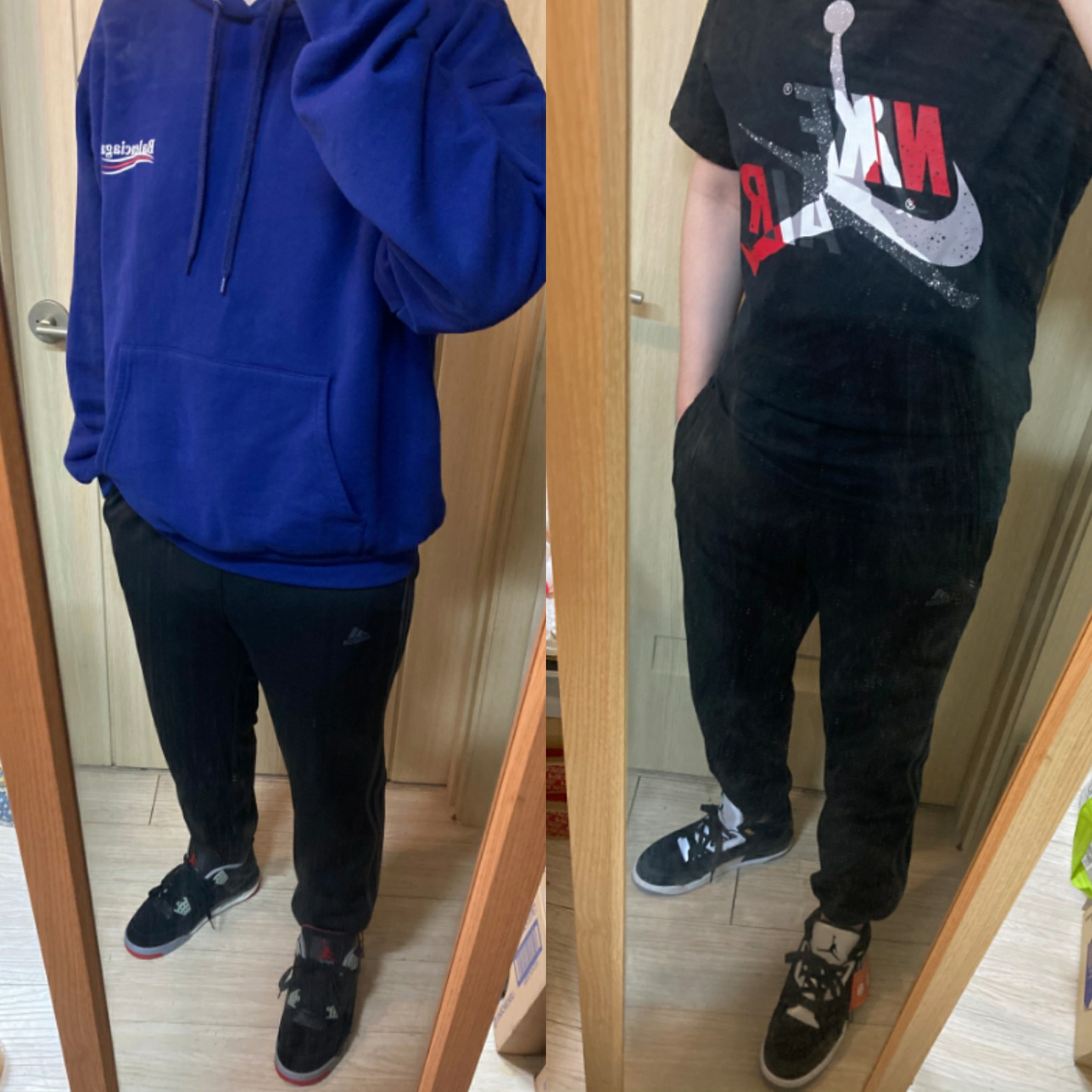 Jordan 4 Retro Bred 2019, Jordan 3 Retro Tinker Black Cement Gold 착용 스타일