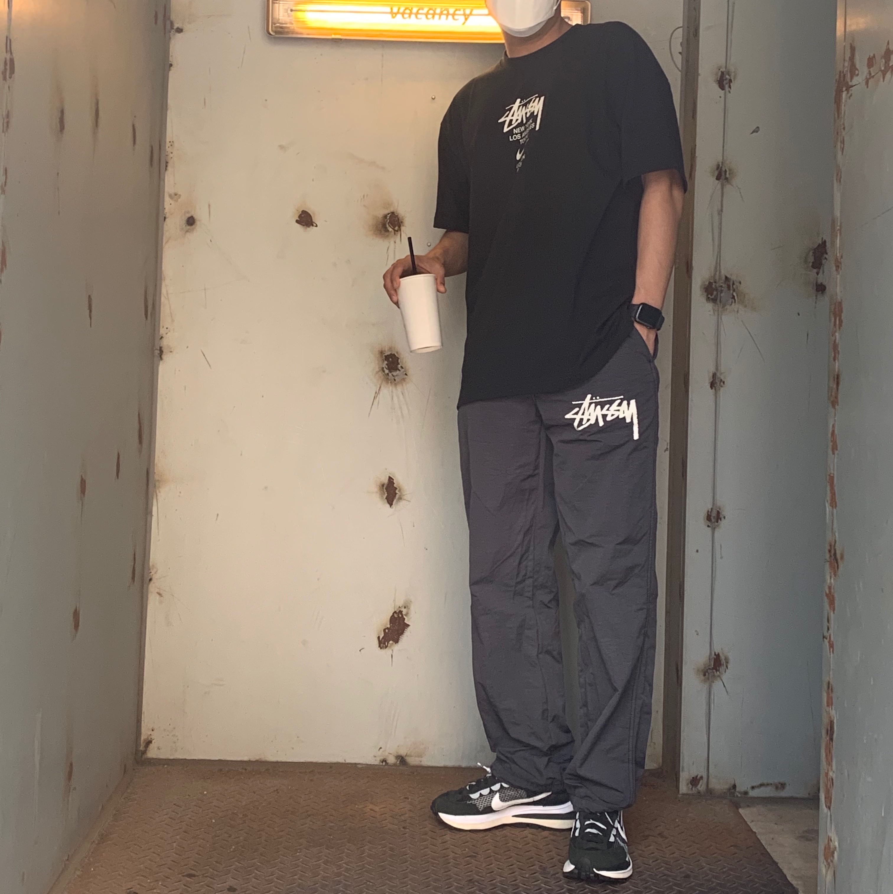 Nike x Sacai VaporWaffle Black White, Nike x Stussy Beach Pants Off Noir 착용 스타일