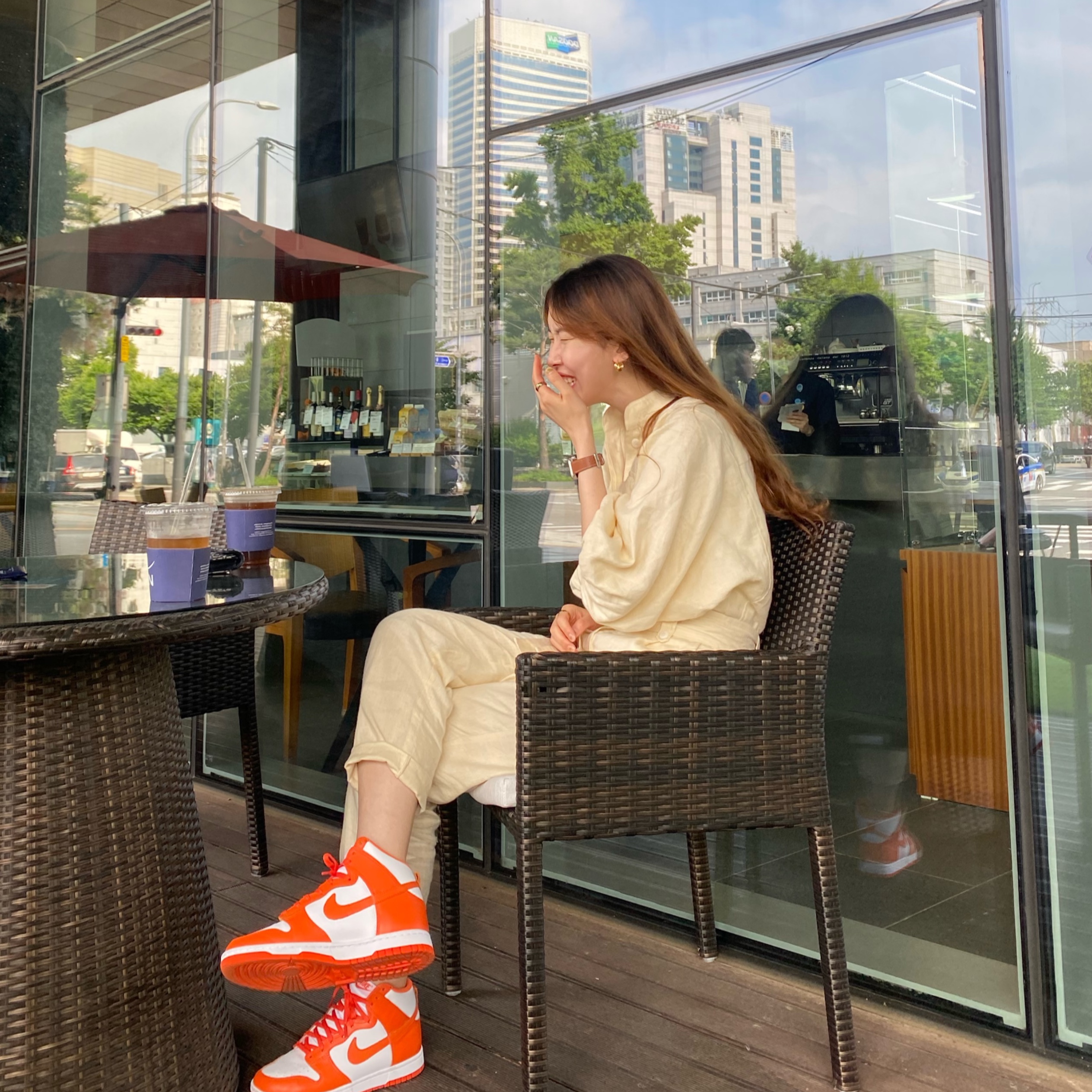 (W) Nike Dunk High Orange Blaze 착용 스타일