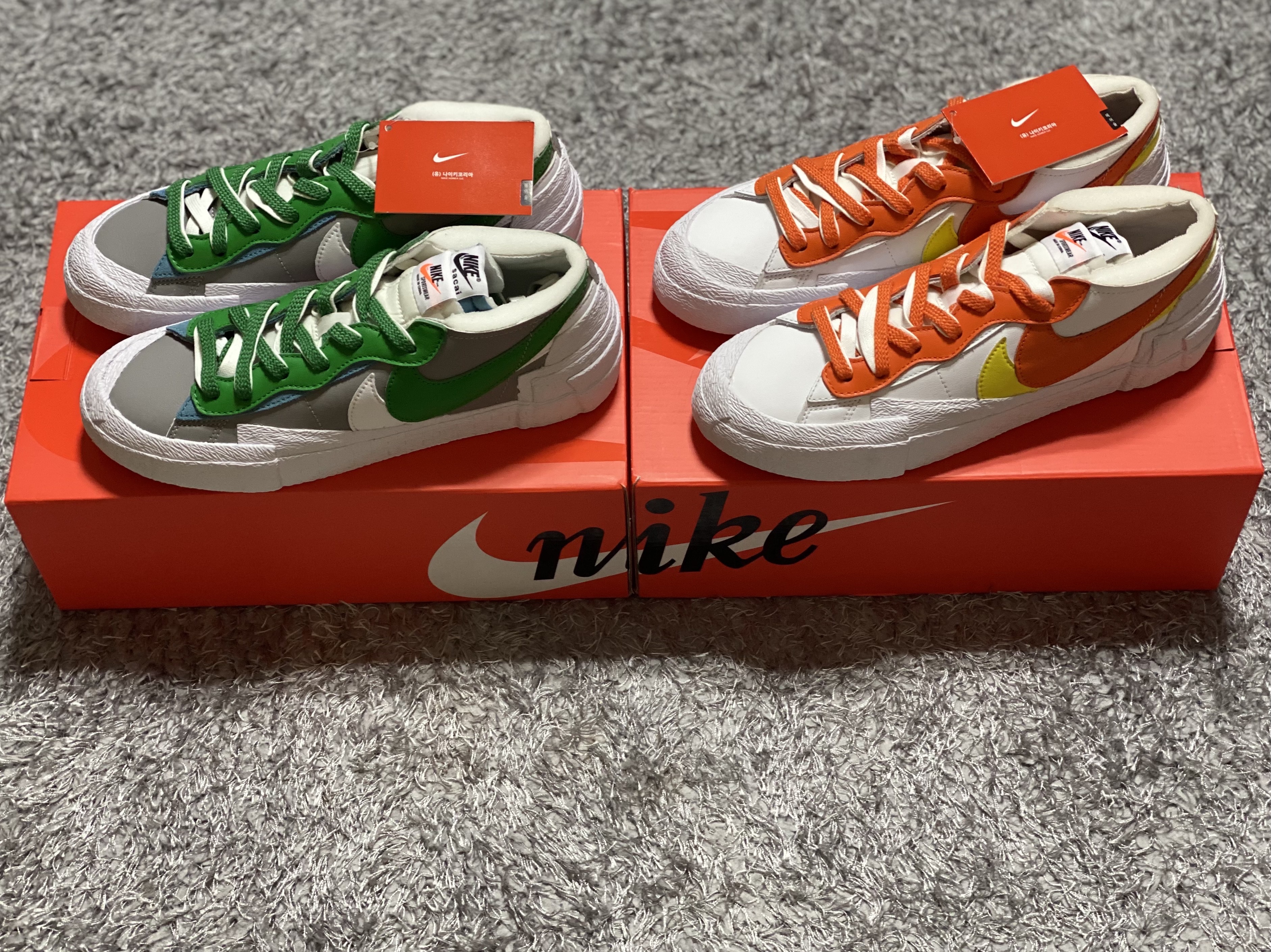 Nike x Sacai Blazer Low Classic Green, Nike x Sacai Blazer Low Magma Orange 착용 스타일