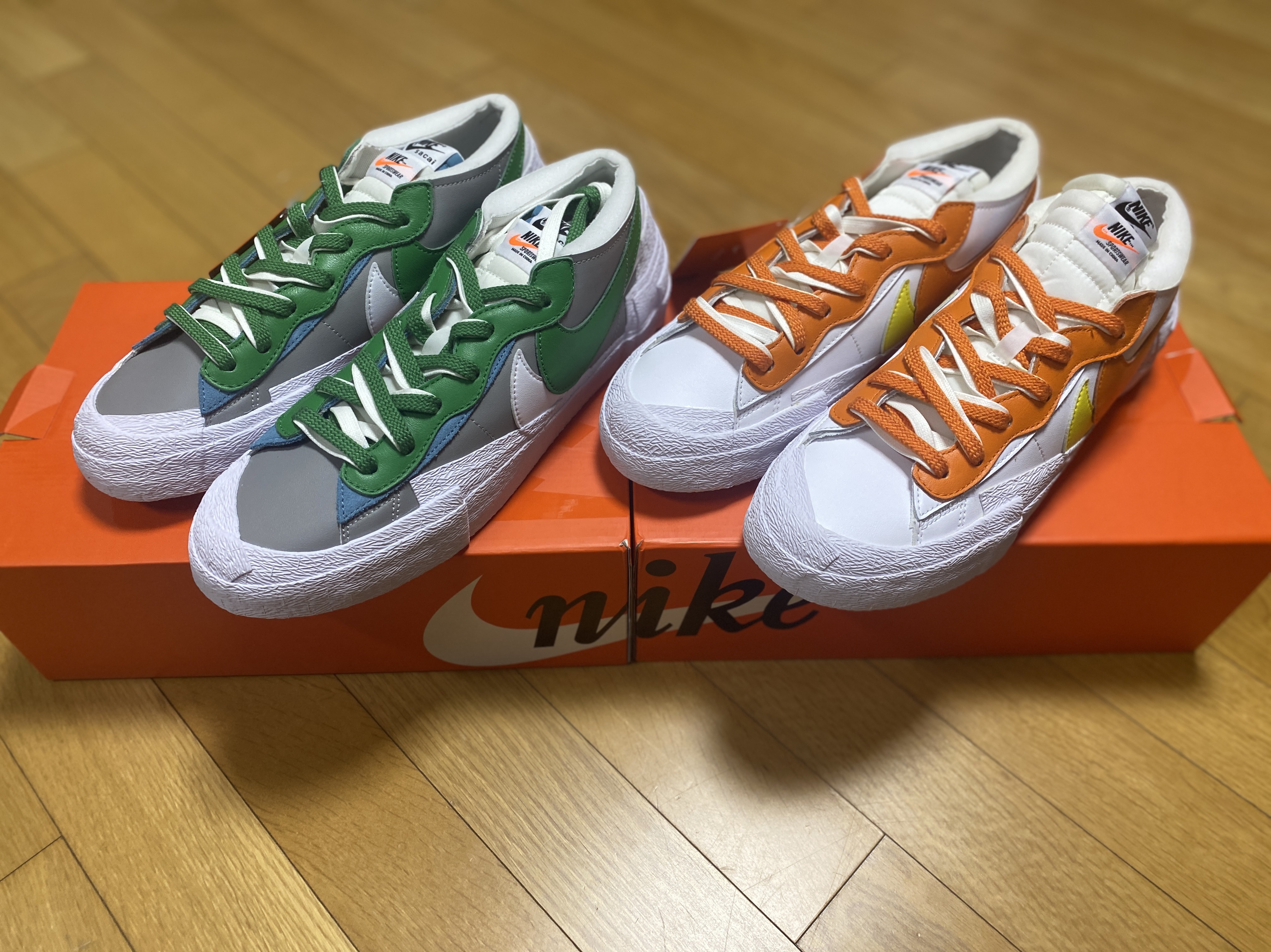 Nike x Sacai Blazer Low Classic Green, Nike x Sacai Blazer Low Magma Orange 착용 스타일