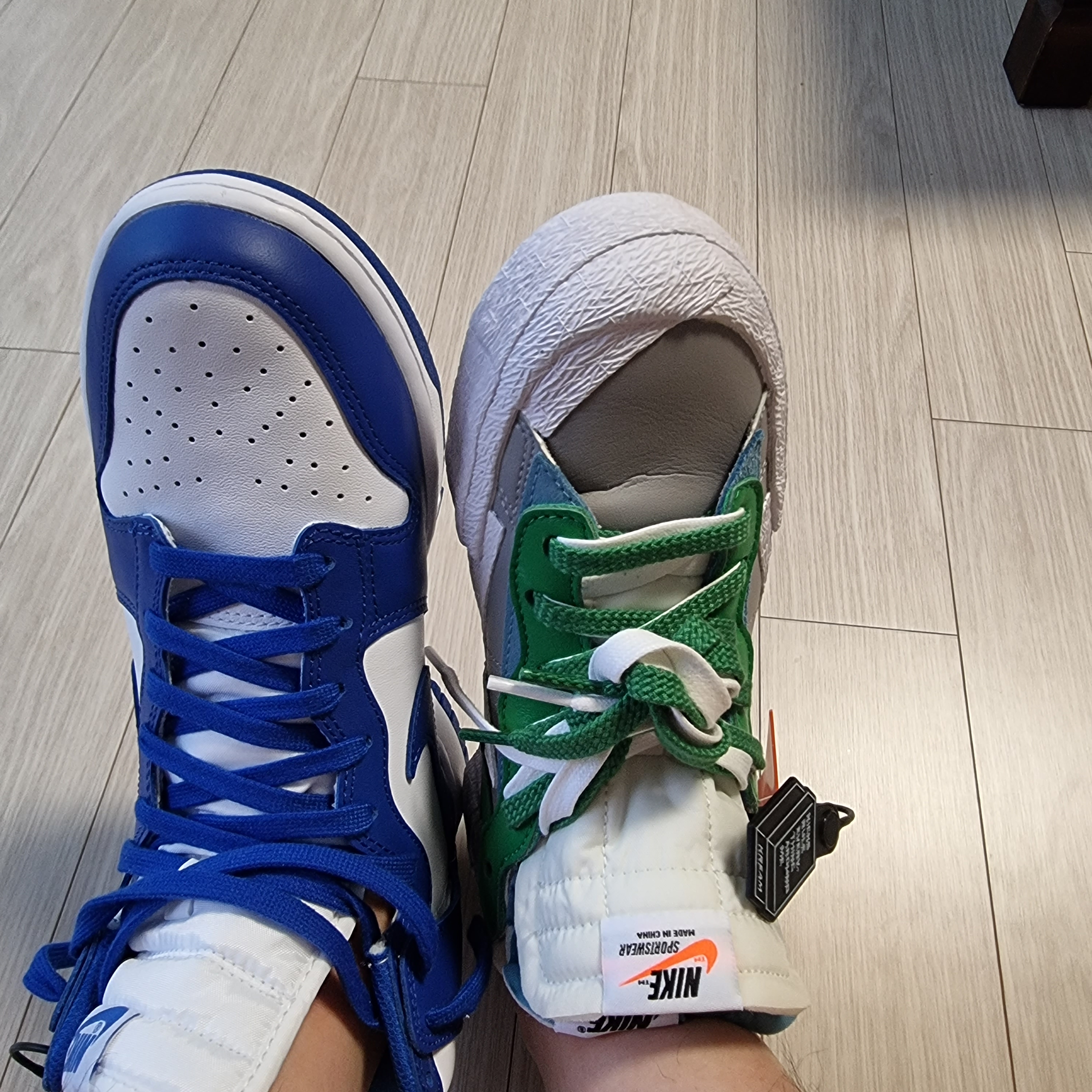 Nike x Sacai Blazer Low Classic Green, Nike Dunk High Retro Game Royal 착용 스타일