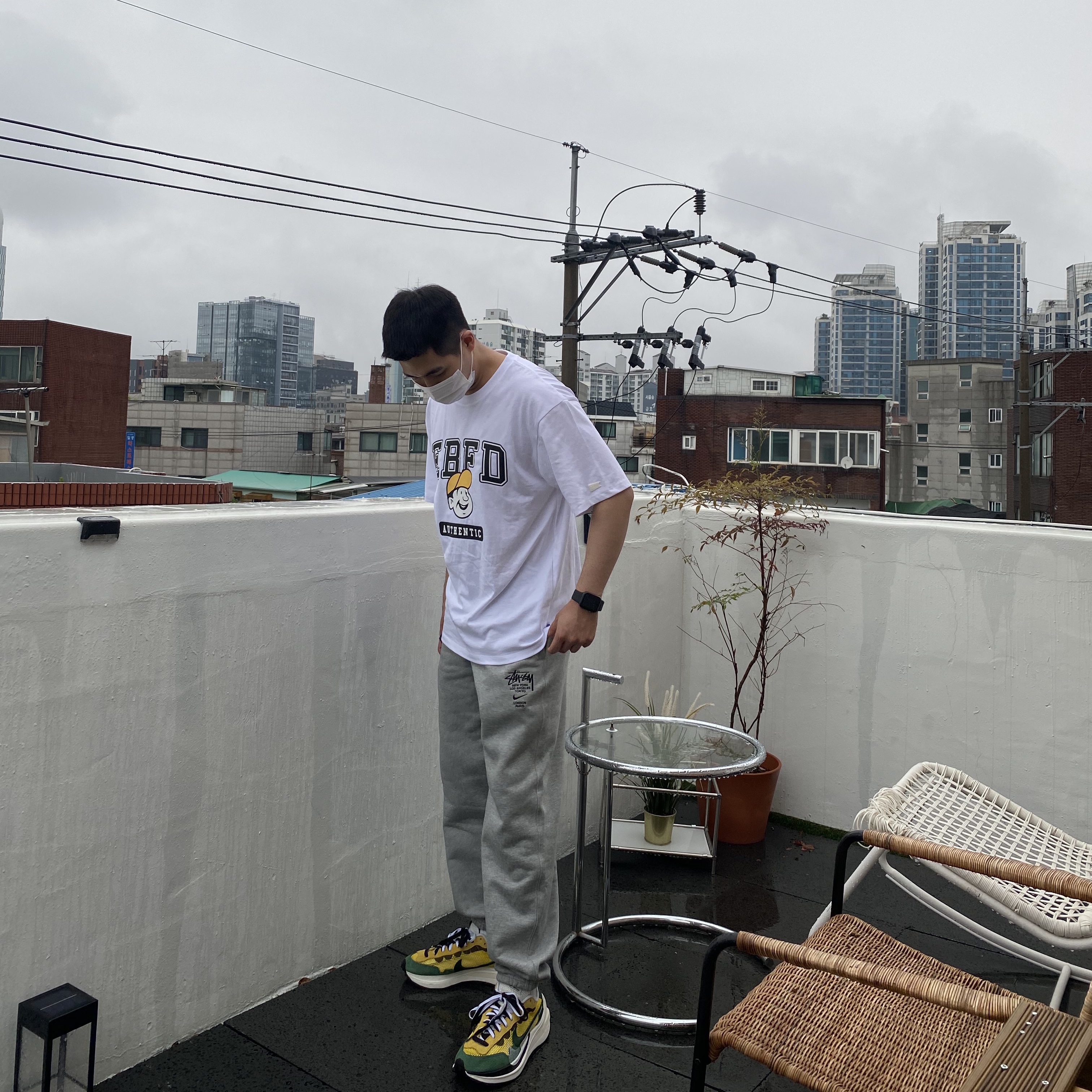 Nike x Stussy NRG ZR Fleece Pants Heather Grey - US/EU, Nike x Sacai VaporWaffle Tour Yellow & Gorge Green Sail 착용 스타일