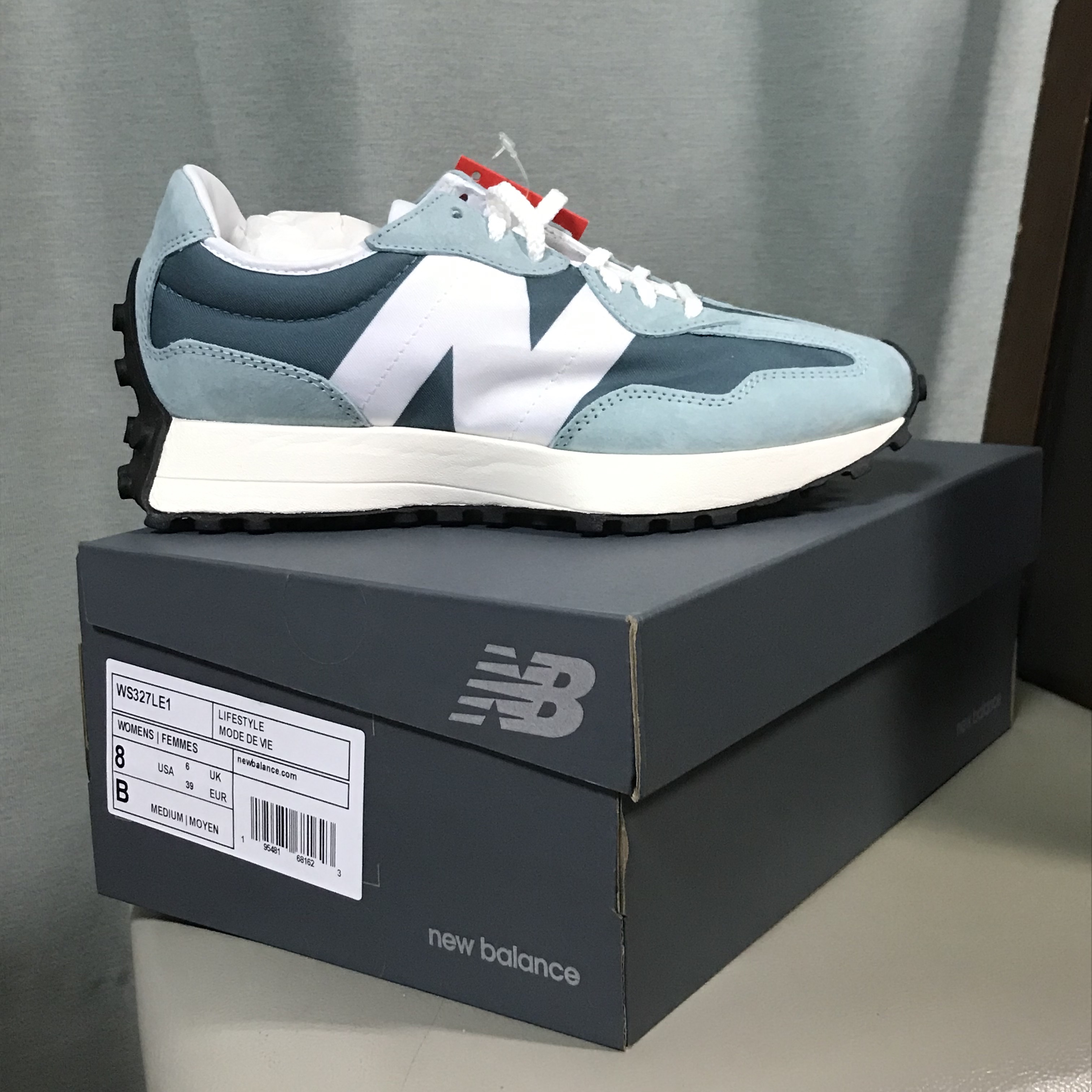 (W) New Balance 327 Teal White 착용 스타일 - 1