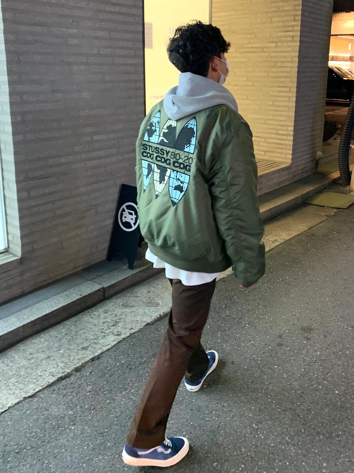 Vans Vault x Notre OG Old Skool LX Parisian Night, Stussy x CDG MA-1 Jacket Olive 착용 스타일