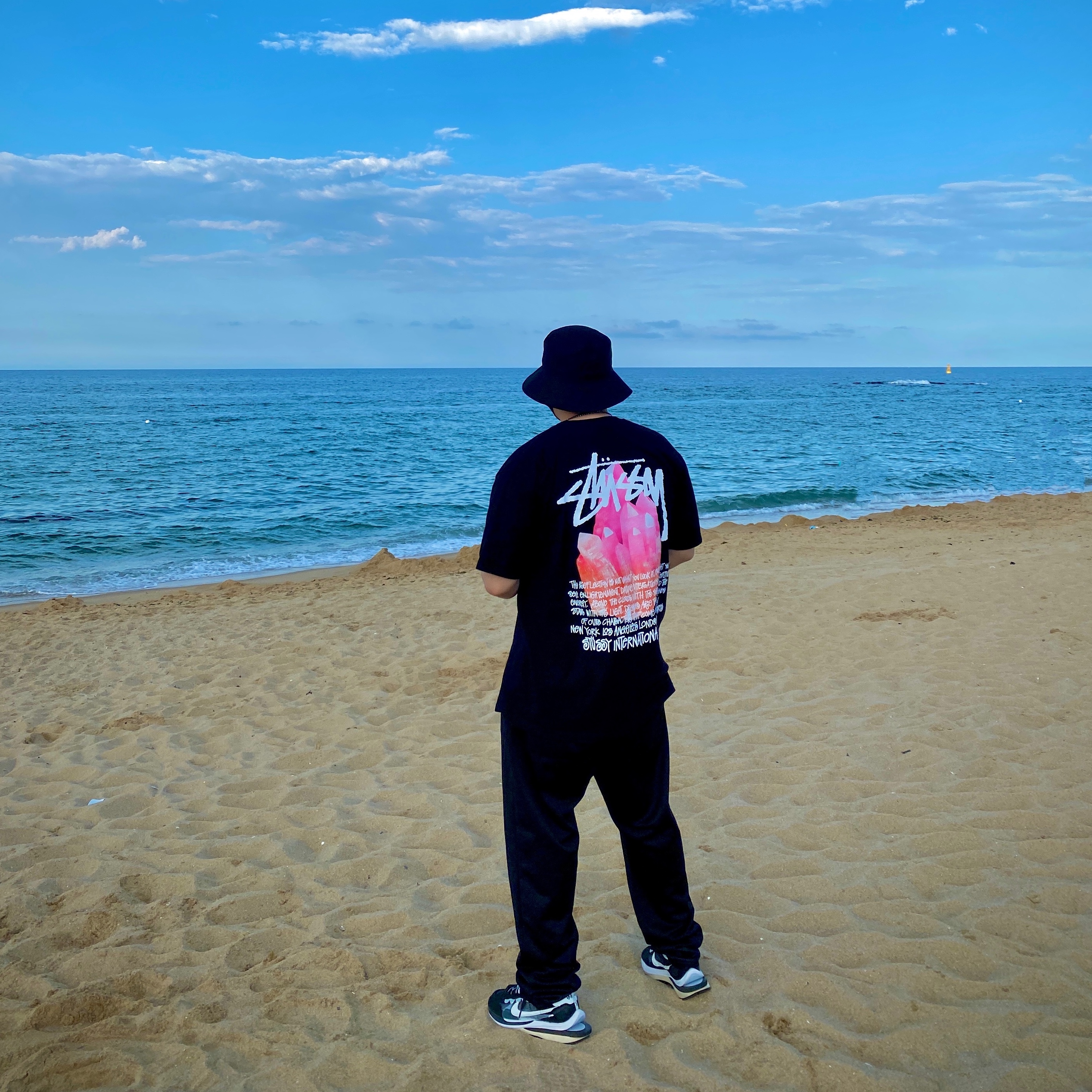 Nike x Sacai VaporWaffle Black White, Stussy Reflection T-Shirt Black 착용 스타일