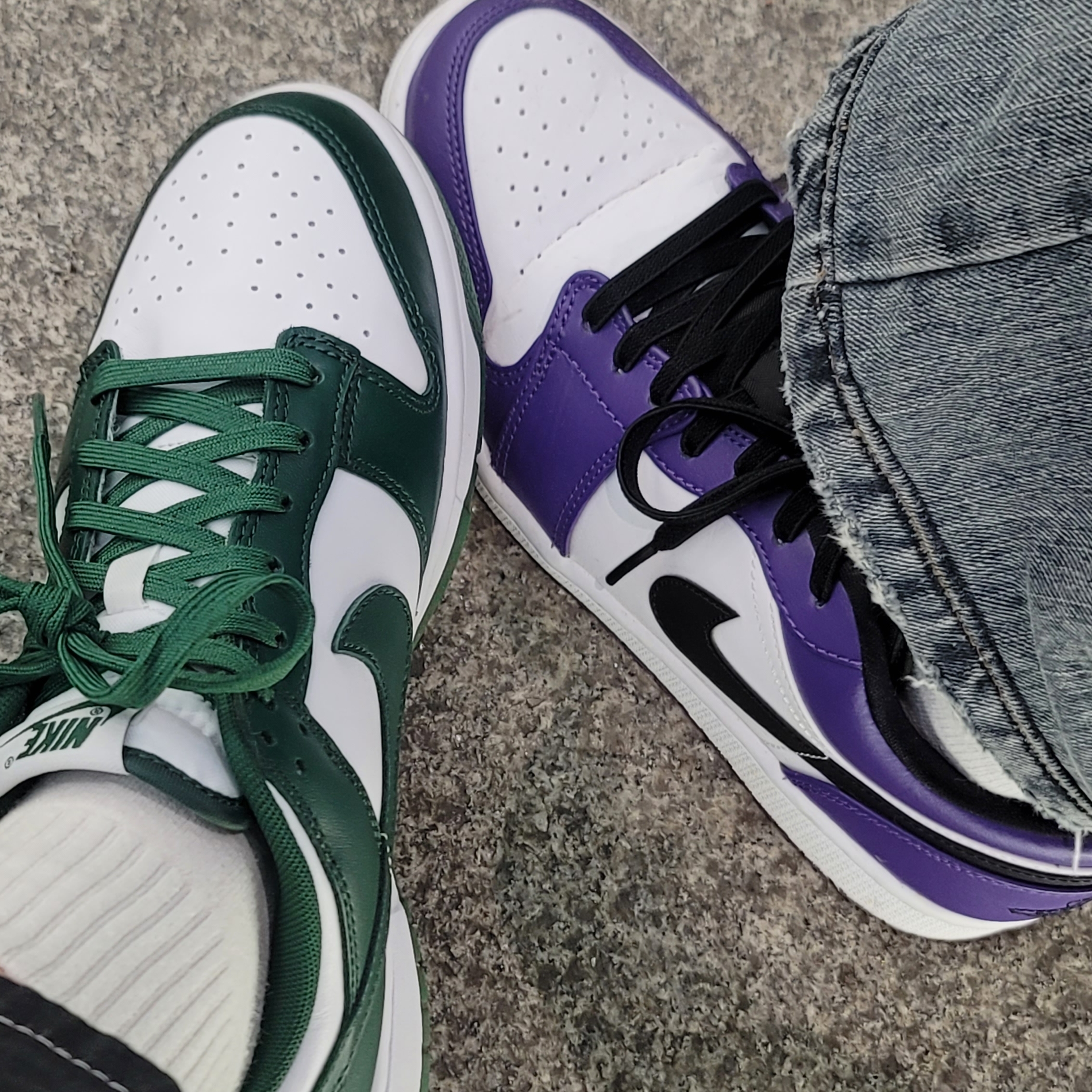 Nike Dunk Low Retro Varsity Green, Jordan 1 Low Court Purple 2020 착용 스타일
