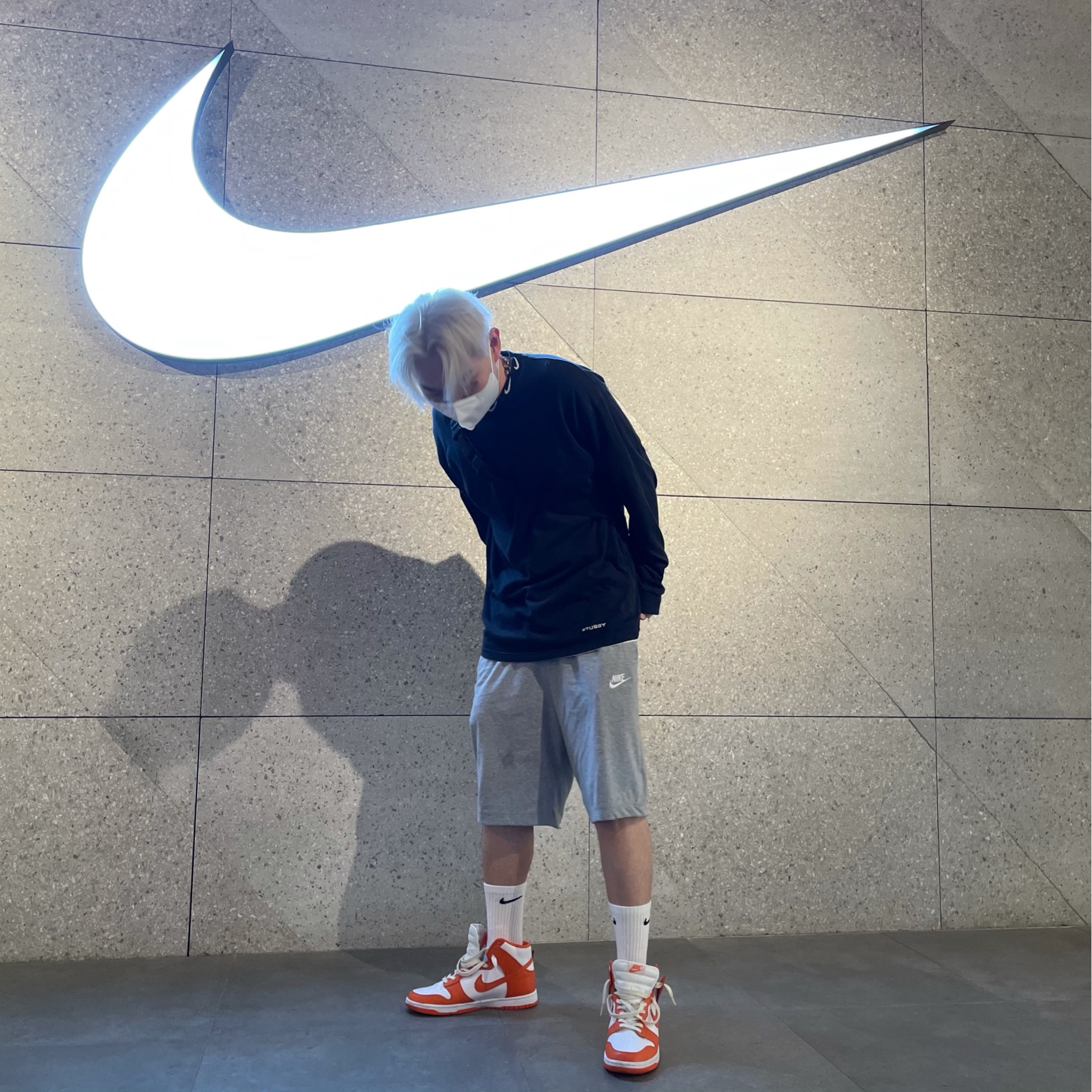 Nike Dunk High Retro Orange Blaze, Nike x Stussy NRG BR LS Knit Top 착용 스타일