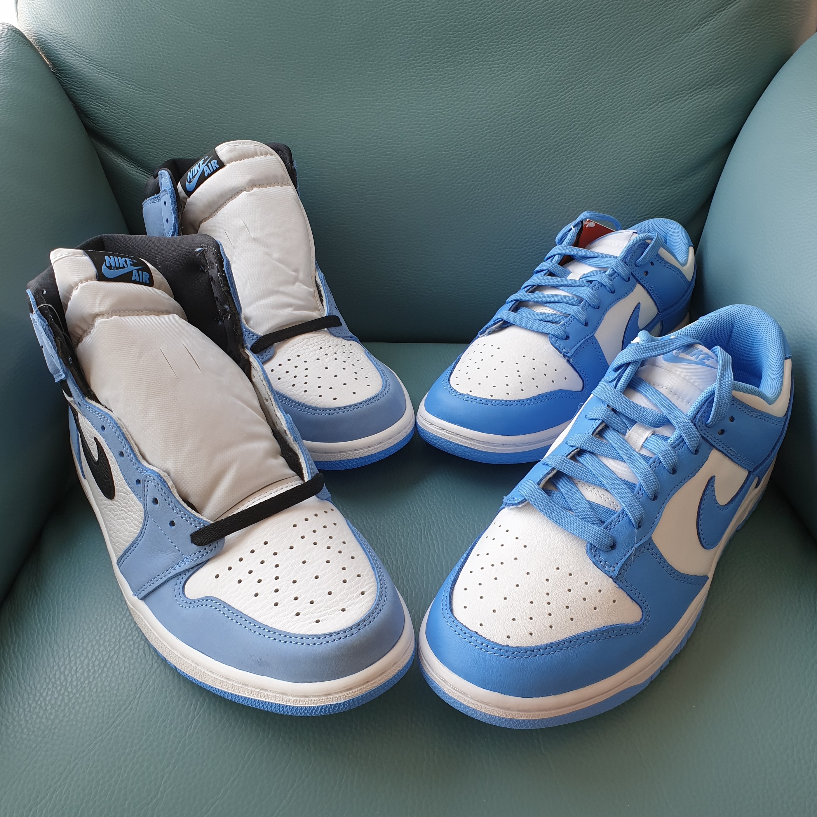 Jordan 1 Retro High OG University Blue, Nike Dunk Low Retro University Blue 착용 스타일