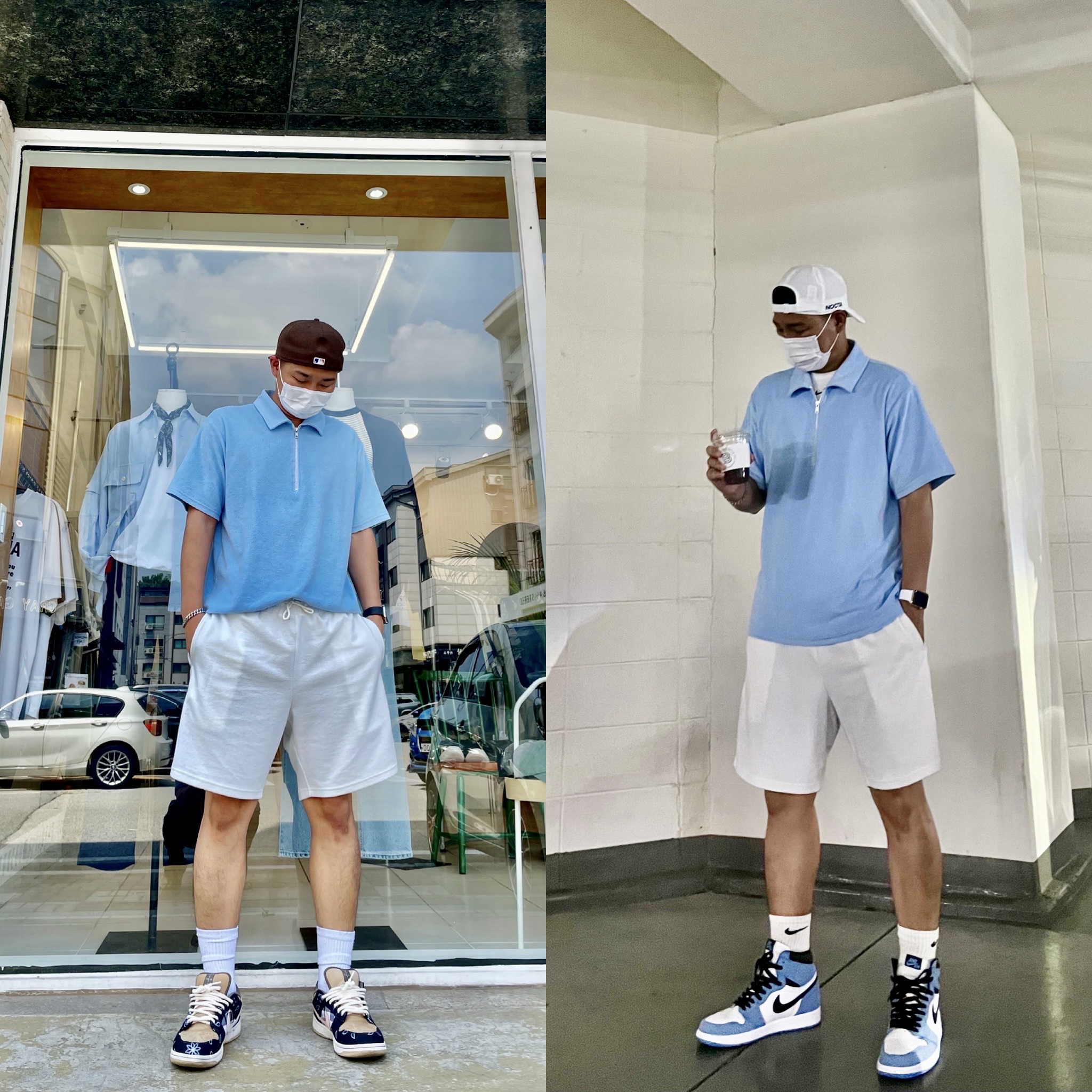 Nike x Travis Scott SB Dunk Low, Jordan 1 Retro High OG University Blue 착용 스타일