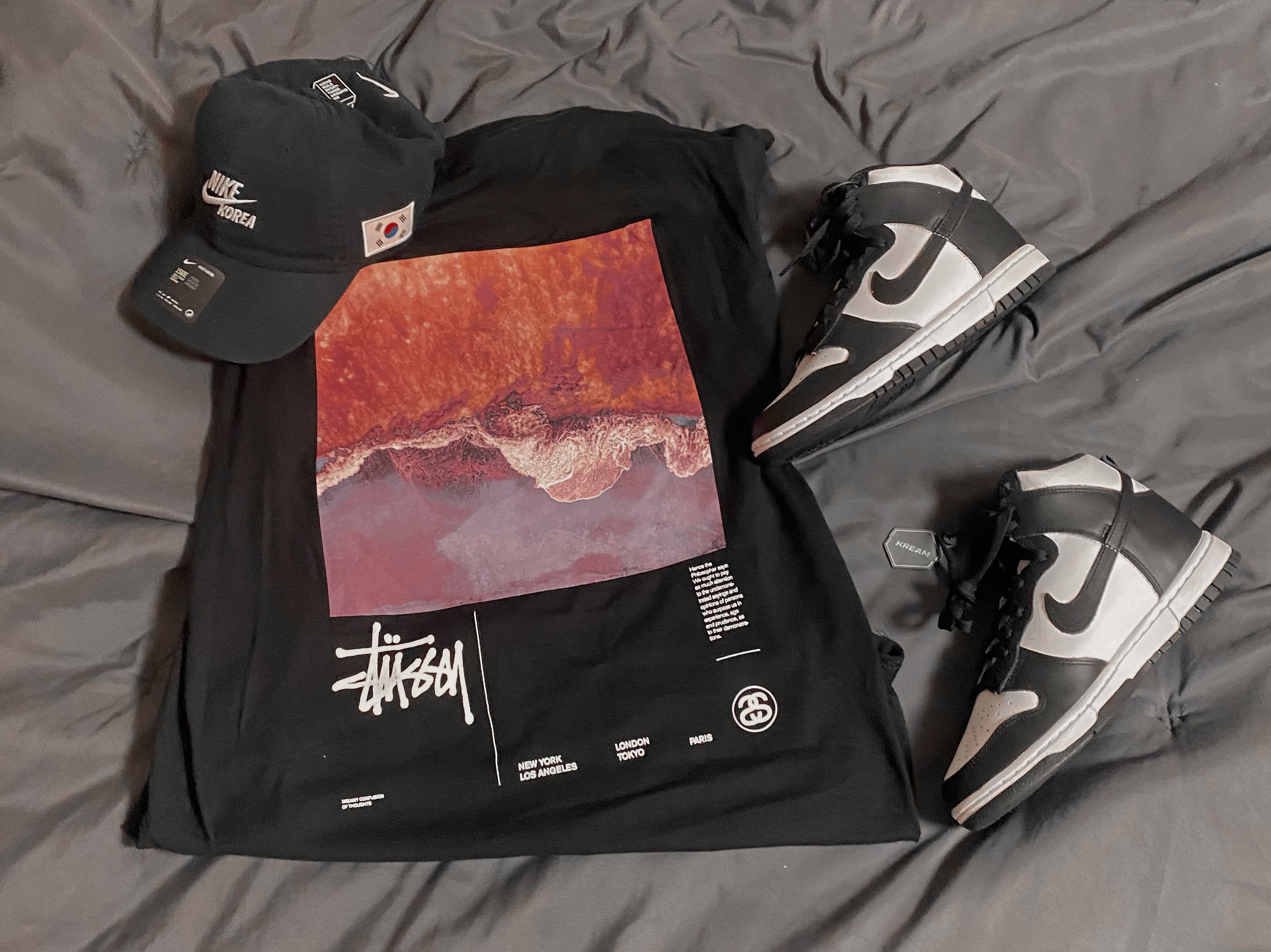 Nike H86 Korea Cap Black, Stussy Ocean Dream T-Shirt Black 착용 스타일