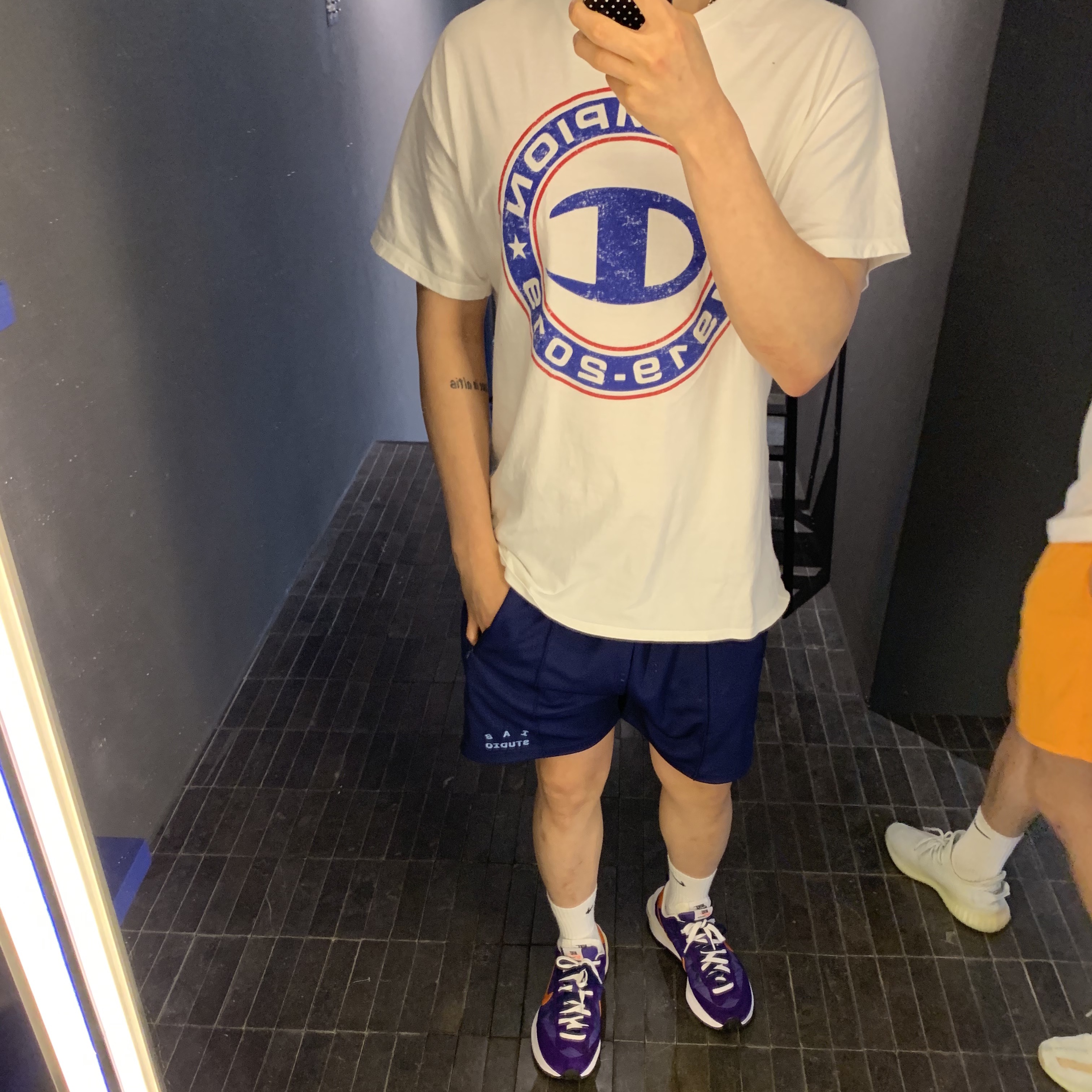 IAB Studio Track Shorts Navy - 21SS, Nike x Sacai VaporWaffle Dark Iris 착용 스타일