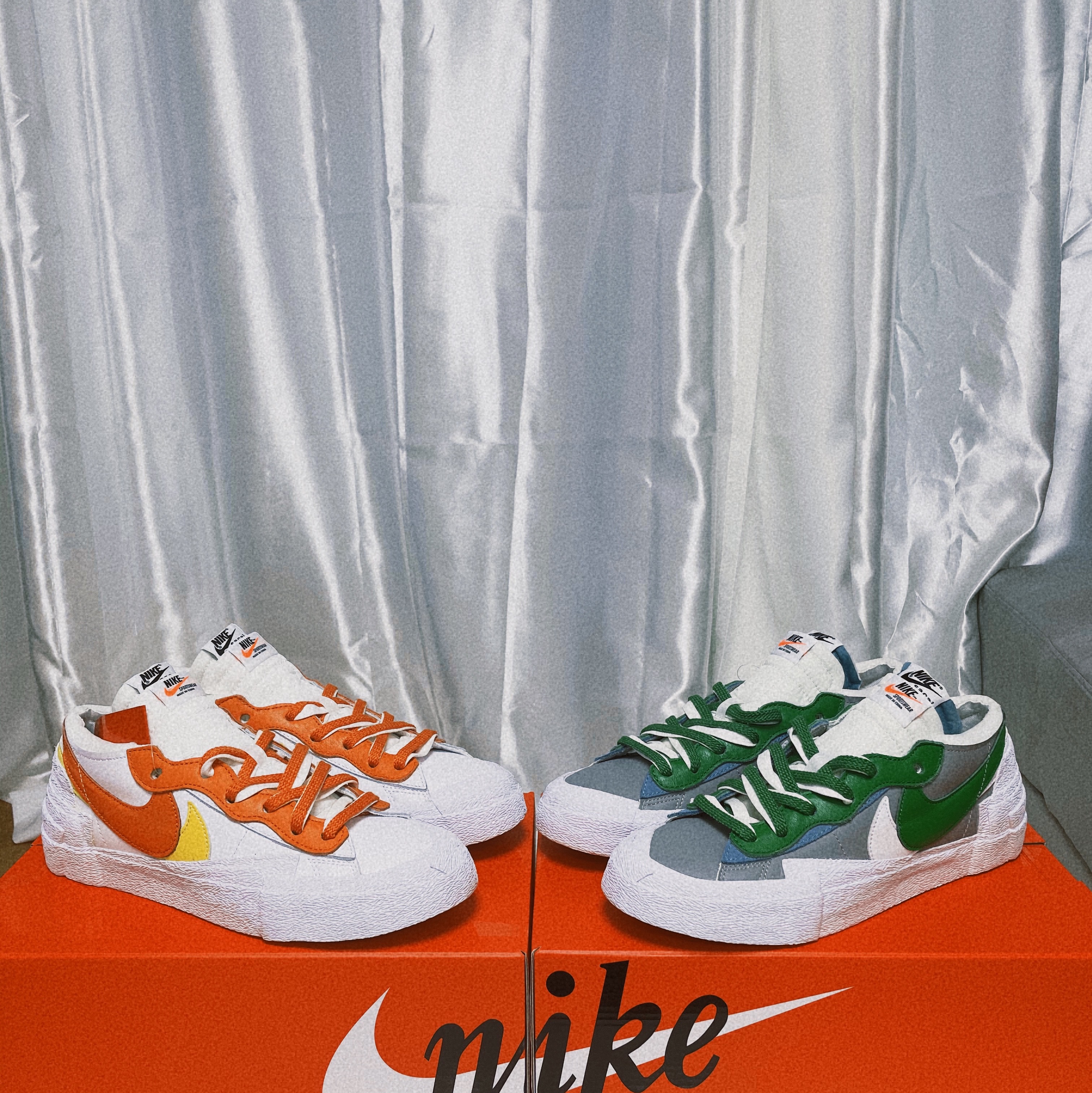 Nike x Sacai Blazer Low Classic Green, Nike x Sacai Blazer Low Magma Orange 착용 스타일