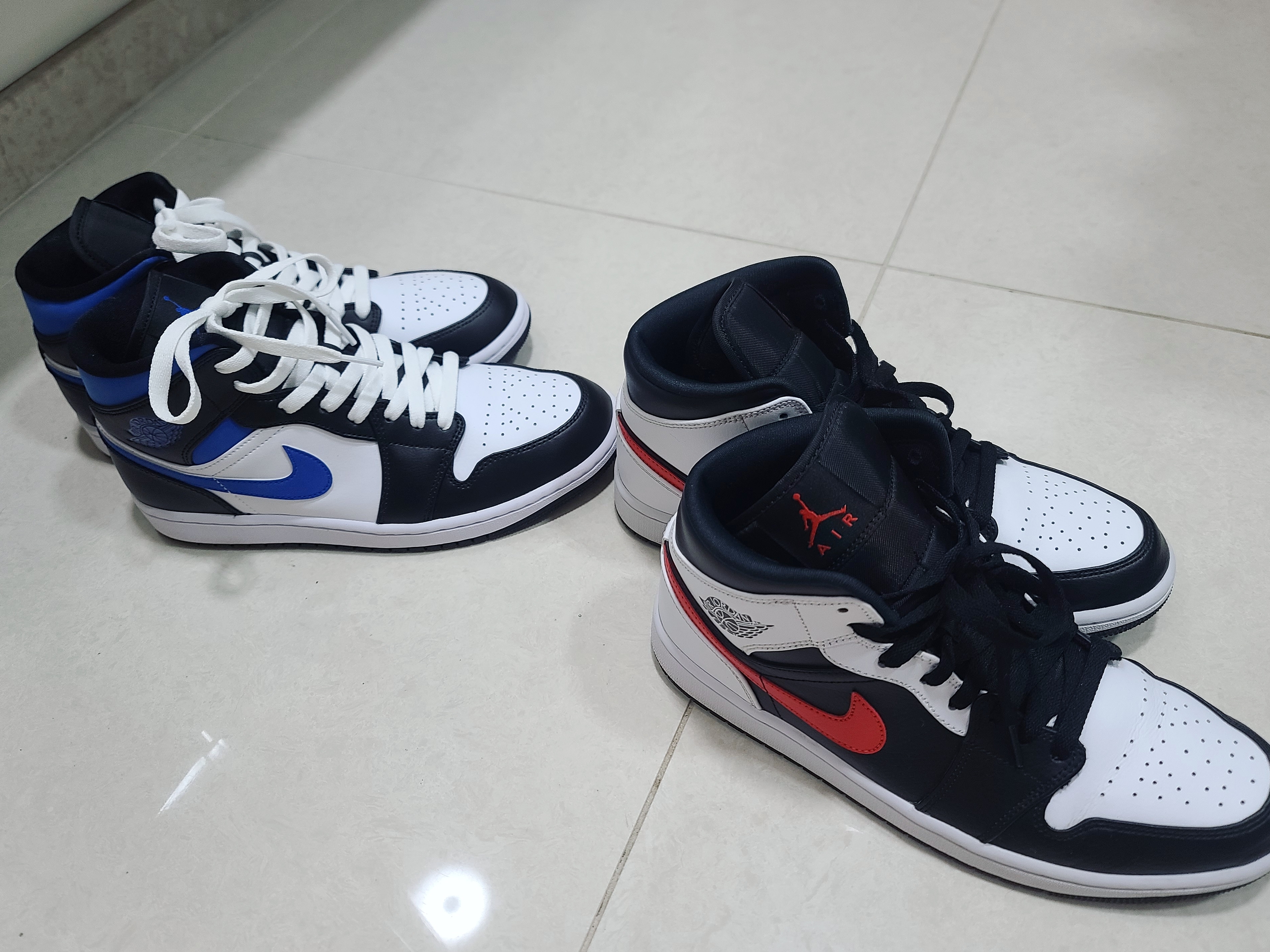 Jordan 1 Mid Racer Blue, Jordan 1 Mid Black Chile Red 착용 스타일