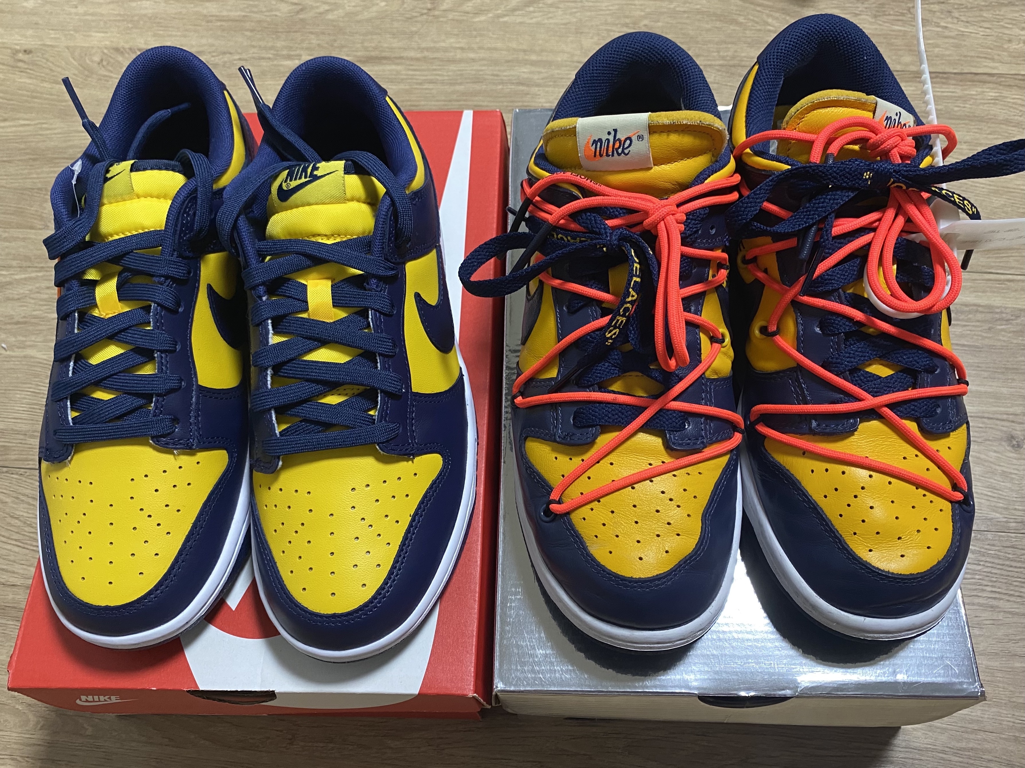 Nike Dunk Low Retro Varsity Maize, Nike x Off-White Dunk Low University Gold Midnight Navy 착용 스타일