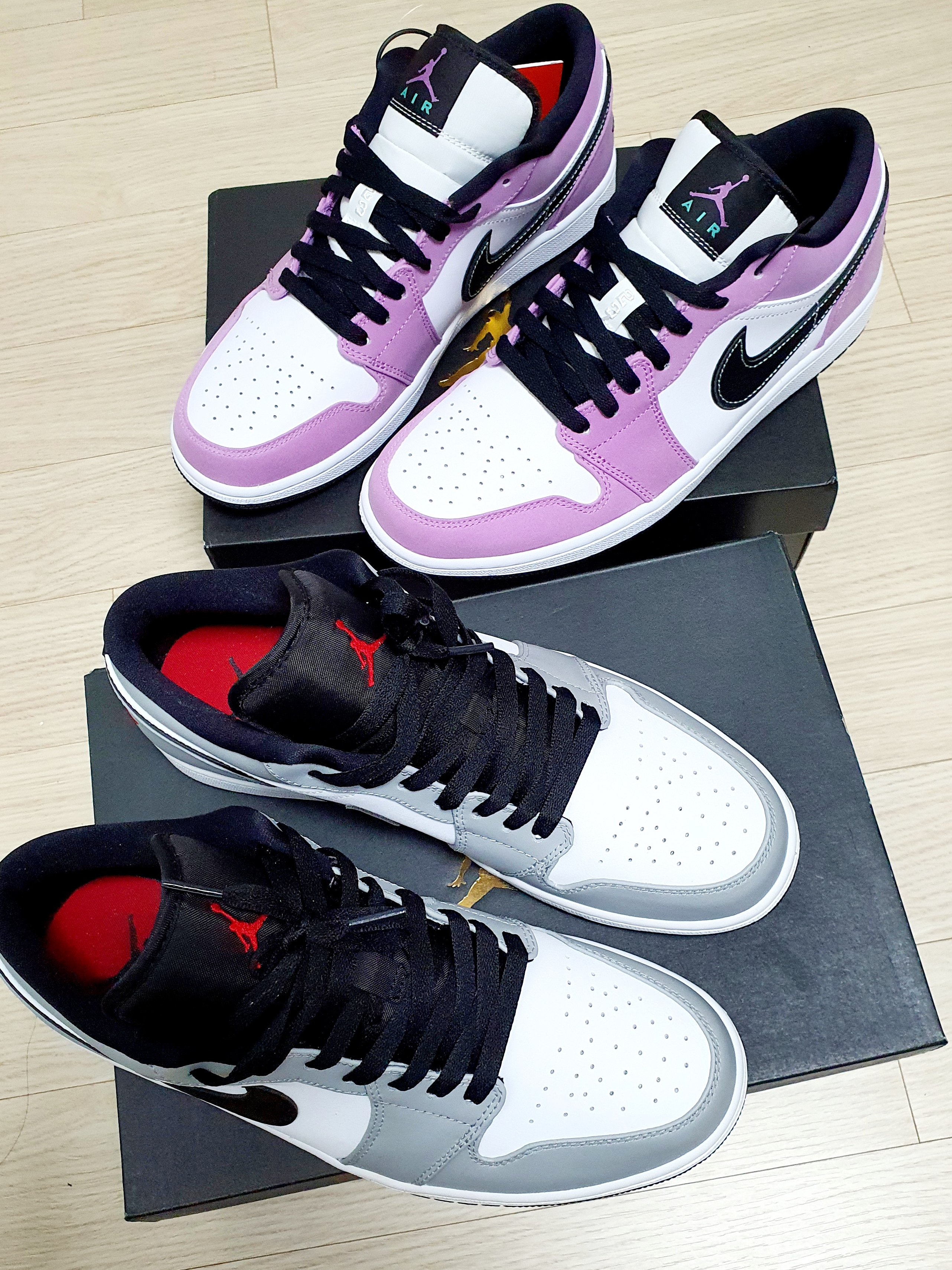 Jordan 1 Low Light Smoke Grey, Jordan 1 Low SE Violet Shock 착용 스타일