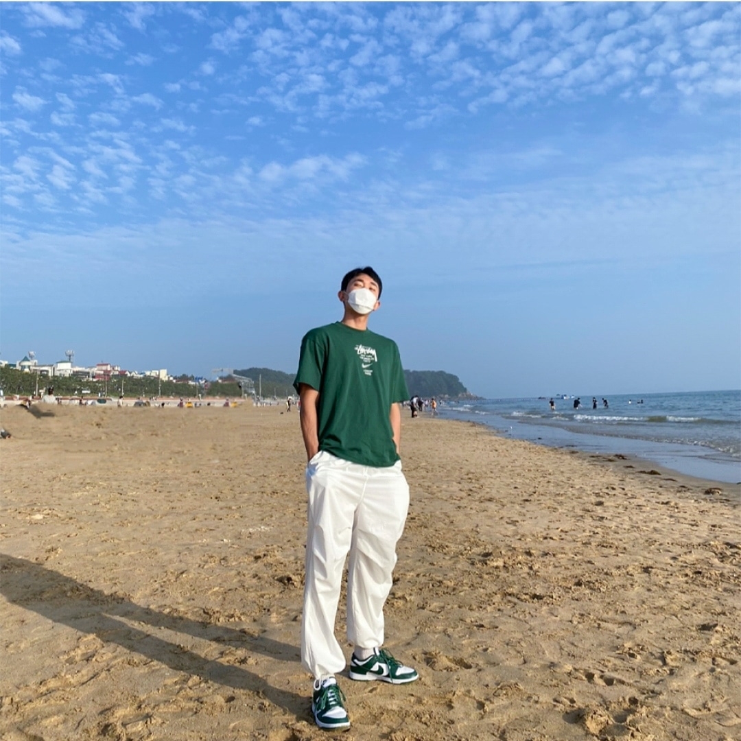 Nike Dunk Low Retro Varsity Green, Nike x Stussy WT T-Shirt Green - Asia 착용 스타일