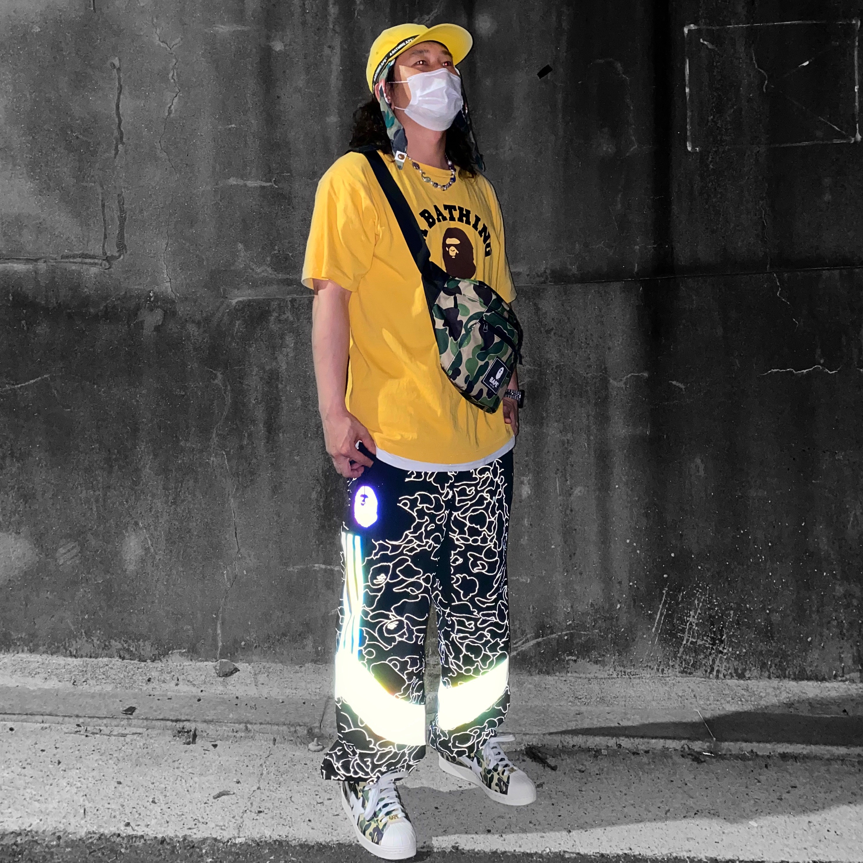 Adidas x BAPE Superstar 80s Green Camo 착용 스타일