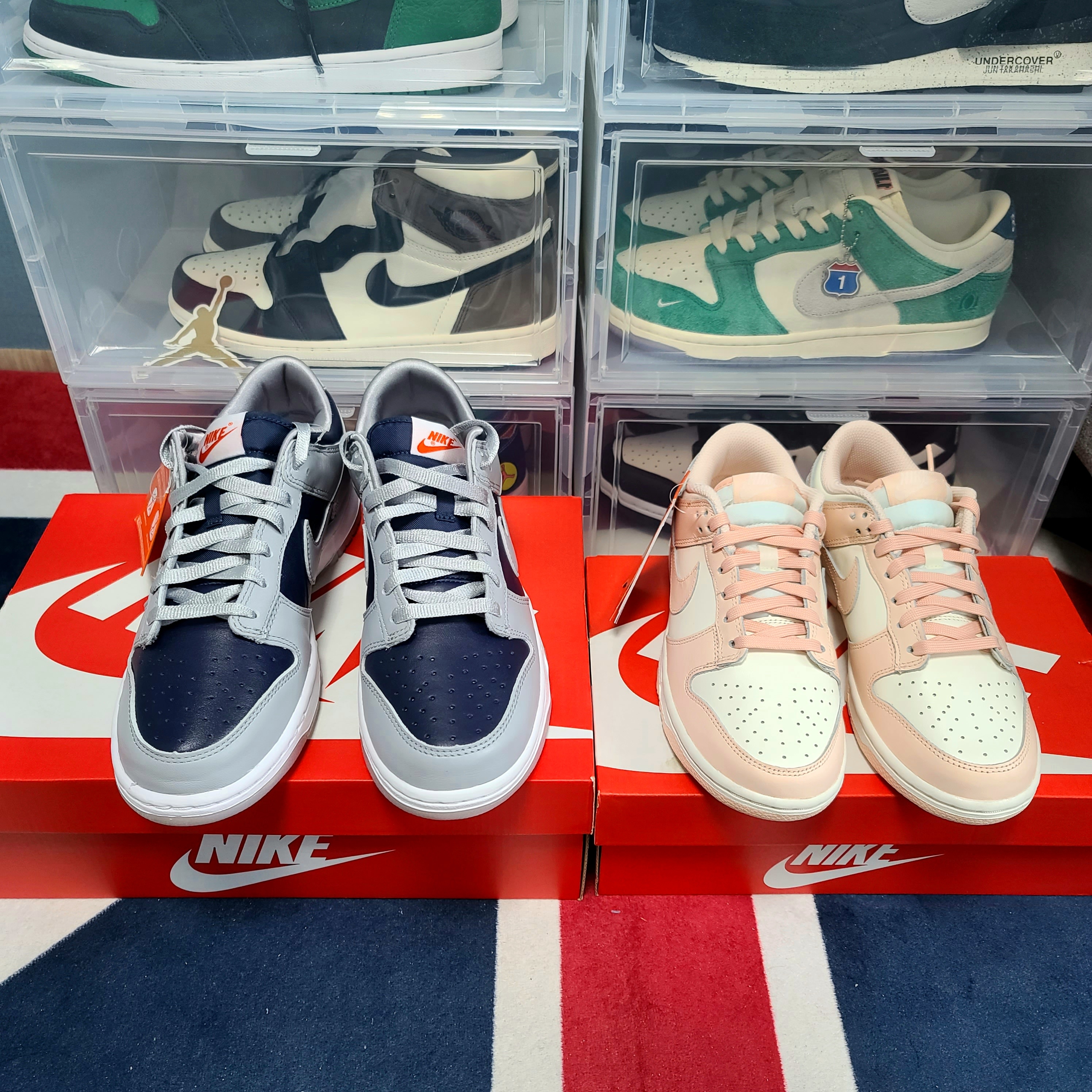 (W) Nike Dunk Low Orange Pearl, (W) Nike Dunk Low SP College Navy 착용 스타일 - 1