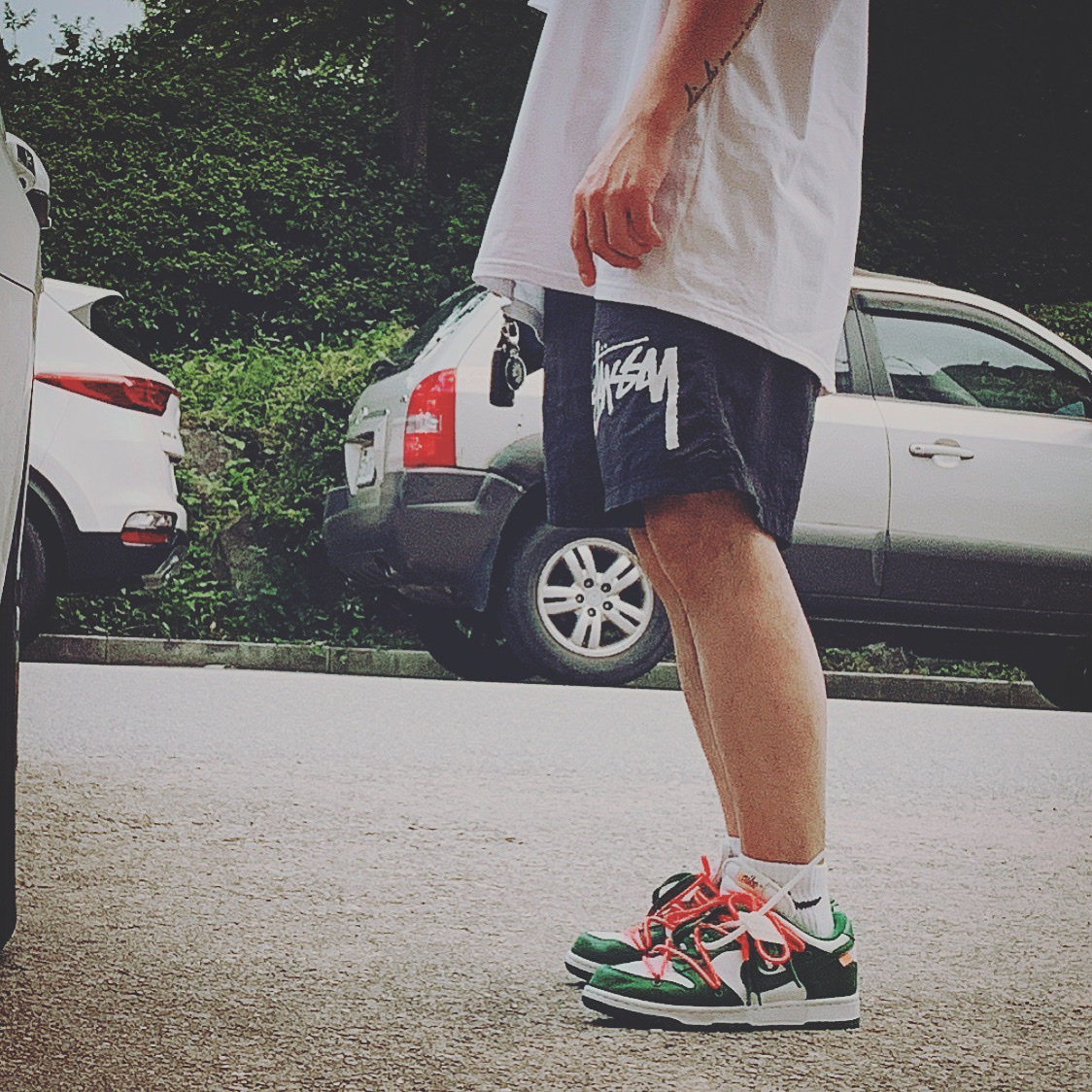 Nike x Off-White Dunk Low Pine Green, Nike x Stussy Water Shorts Off Noir 착용 스타일