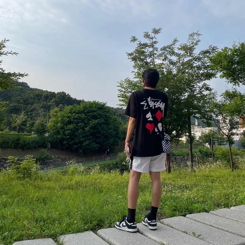 Nike Dunk Low Retro Black, Stussy Full Deck 2 T-Shirt Black 착용 스타일
