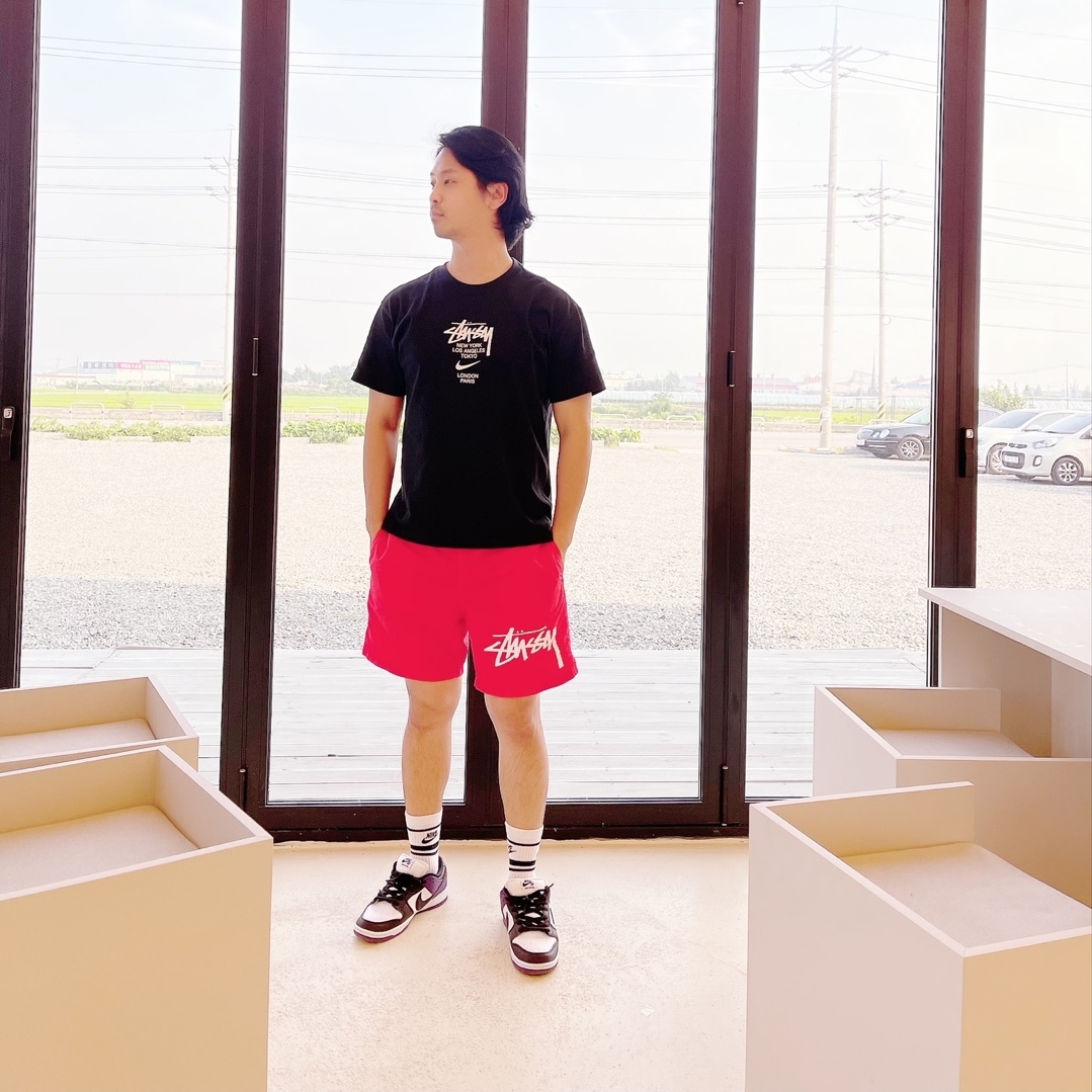 Nike x Stussy Water Shorts Habanero Red, Nike x Stussy WT T-Shirt Black - Asia 착용 스타일