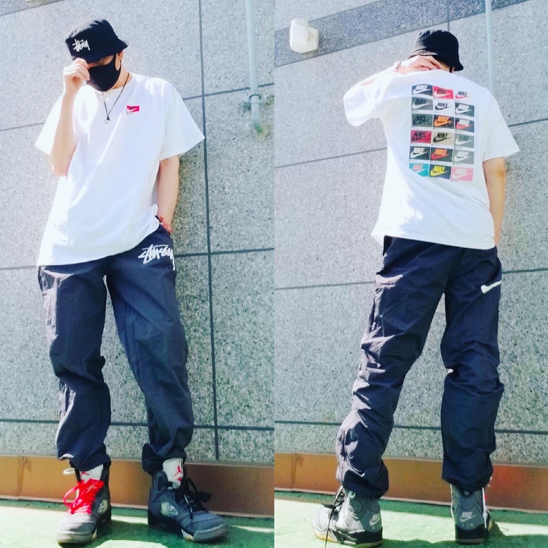 Jordan 5 x Off-White Retro SP Black Muslin, Nike x Stussy Beach Pants Off Noir 착용 스타일