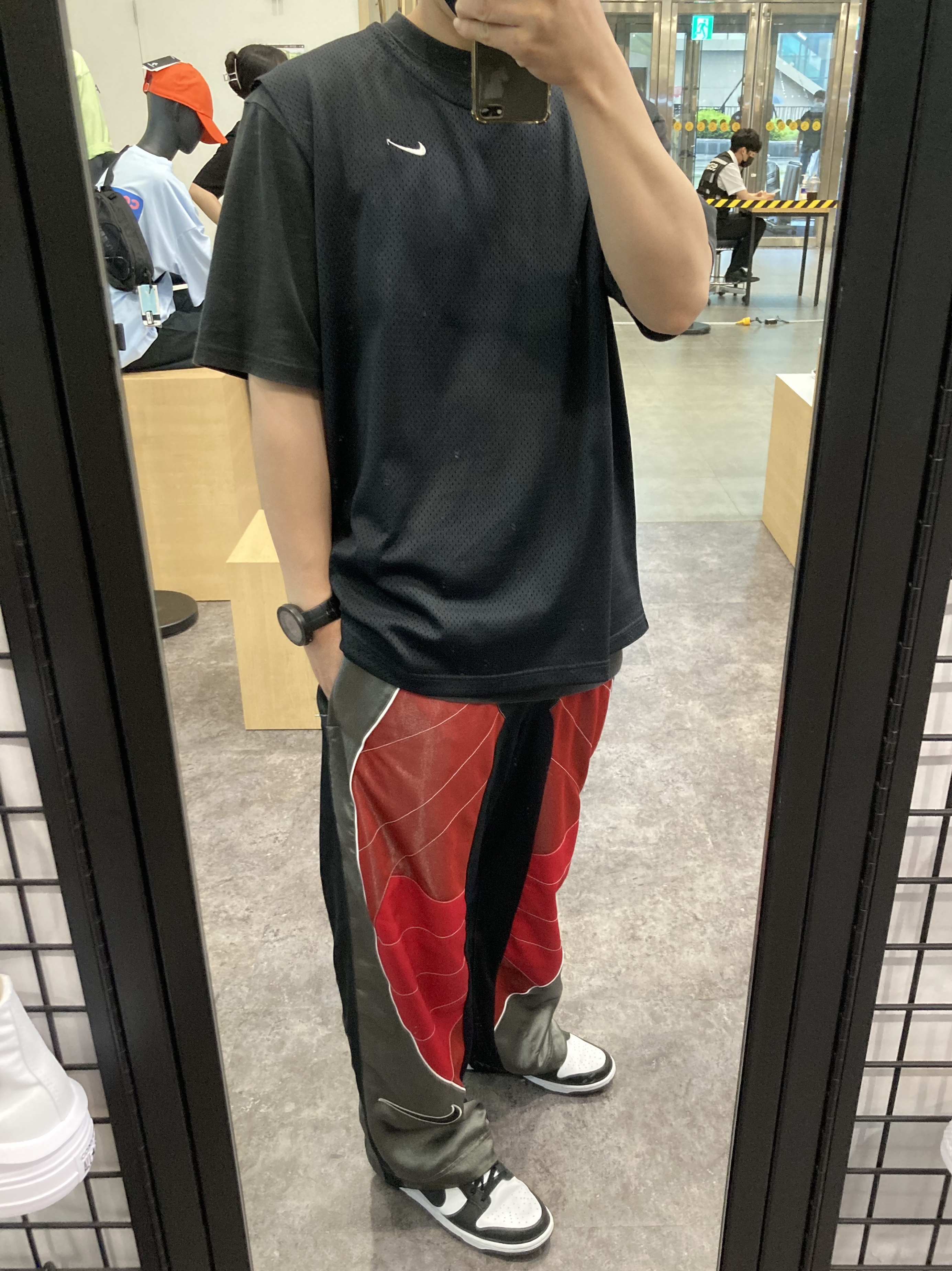Nike x Cactus Plant Flea Market MX Rave Pants Red Grey Black - Asia, Nike Dunk Low Retro Black 착용 스타일