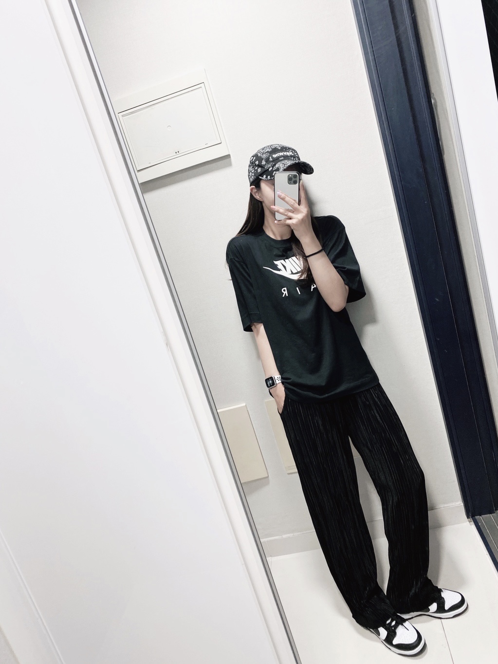 Supreme Bandana Camp Cap Black - 21SS, Nike Dunk Low Retro Black 착용 스타일 - 2