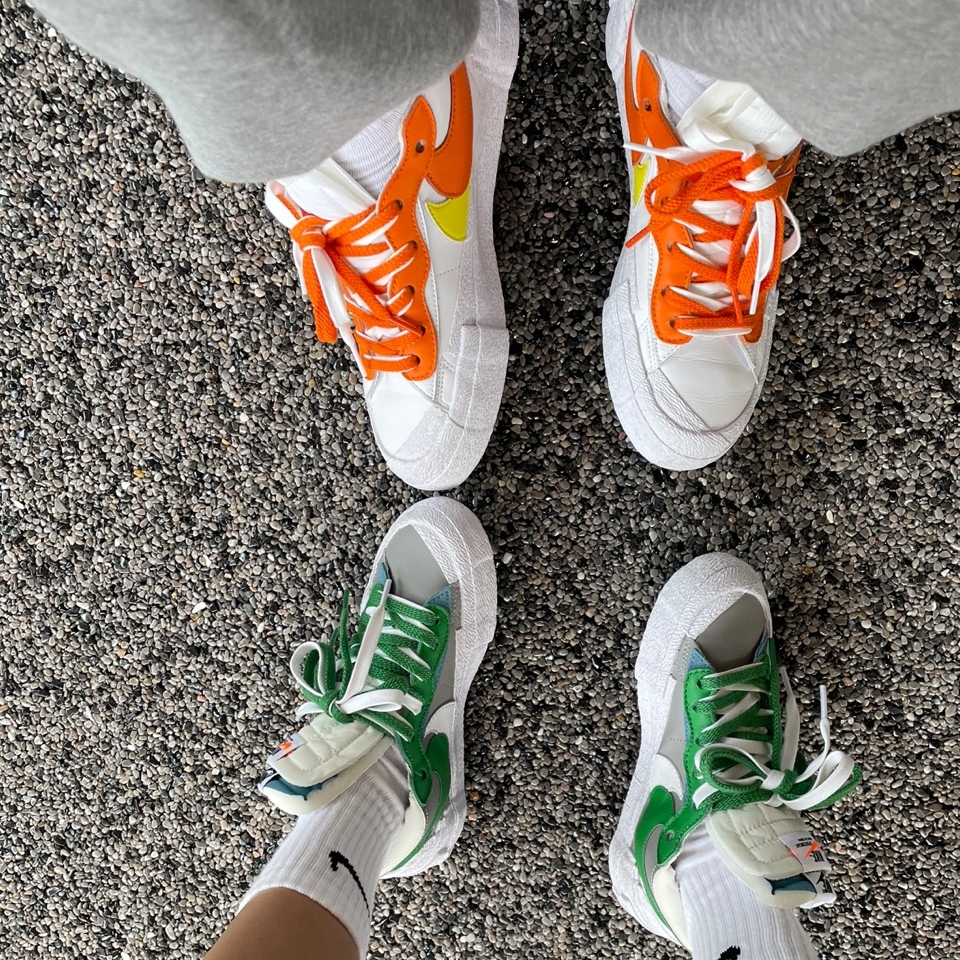 Nike x Sacai Blazer Low Magma Orange, Nike x Sacai Blazer Low Classic Green 착용 스타일
