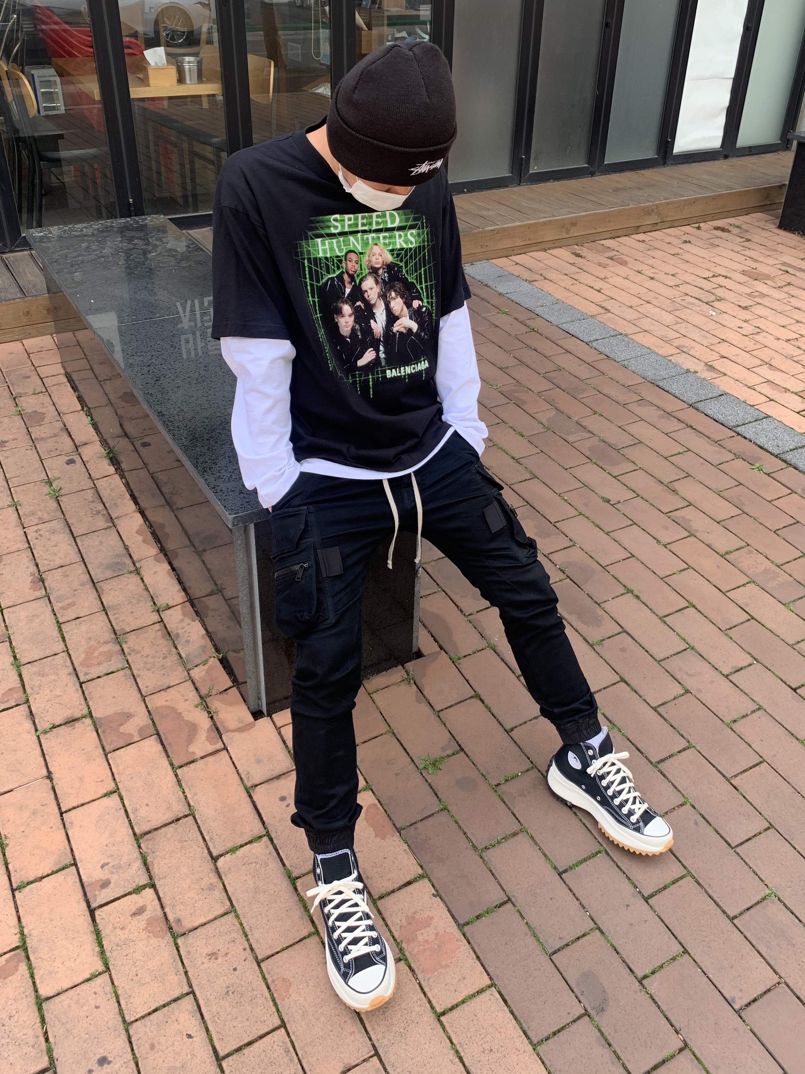 Converse x JW Anderson Run Star Hike Hi Black, Nike x Stussy Cuff Beanie Black 착용 스타일