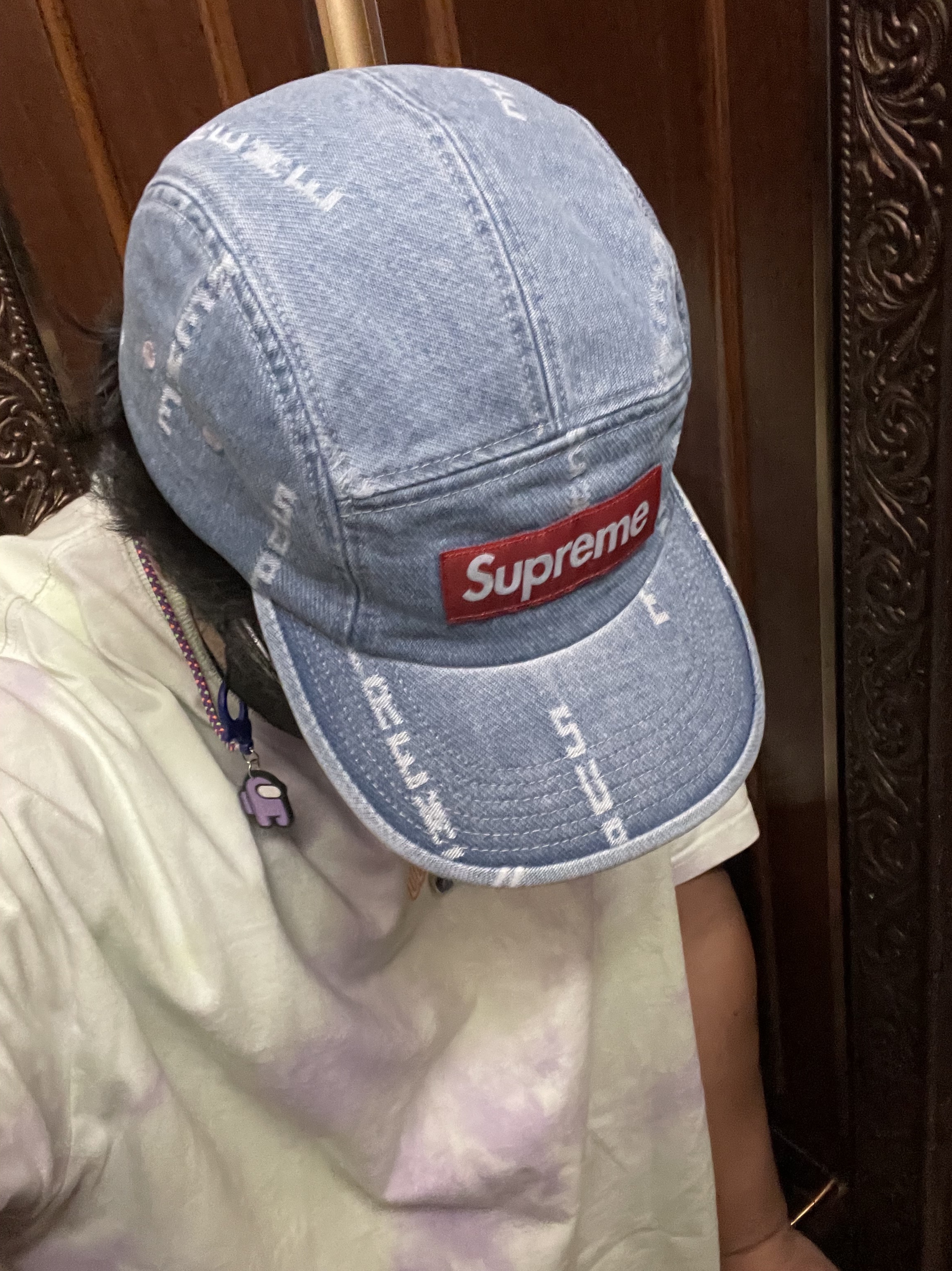 Supreme Logo Stripe Jacquard Denim Camp Cap Blue - 20FW 착용 스타일