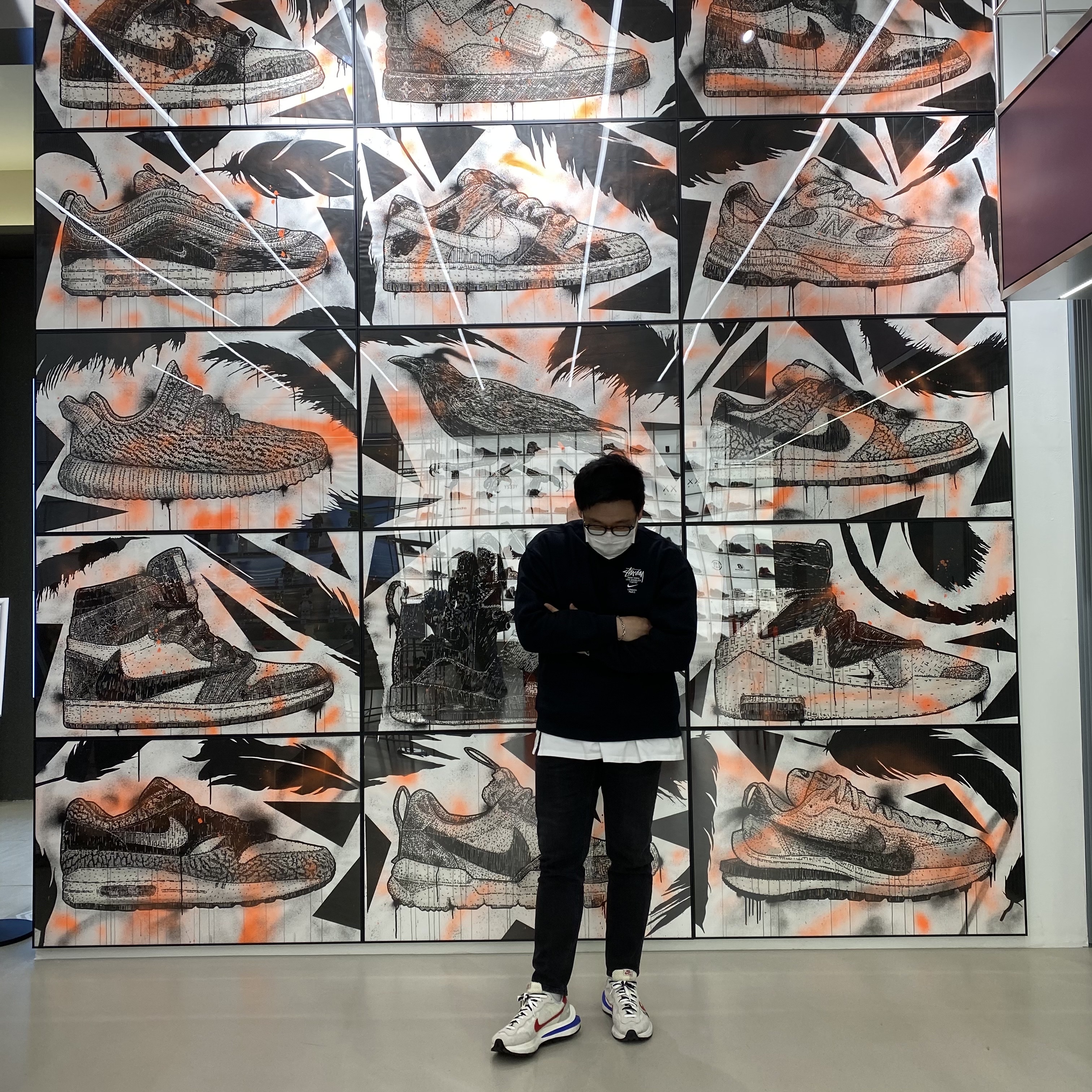 Nike x Sacai VaporWaffle Royal Fuchsia, Nike x Stussy NRG ZR Fleece Crewneck Black - US/EU 착용 스타일 - 2