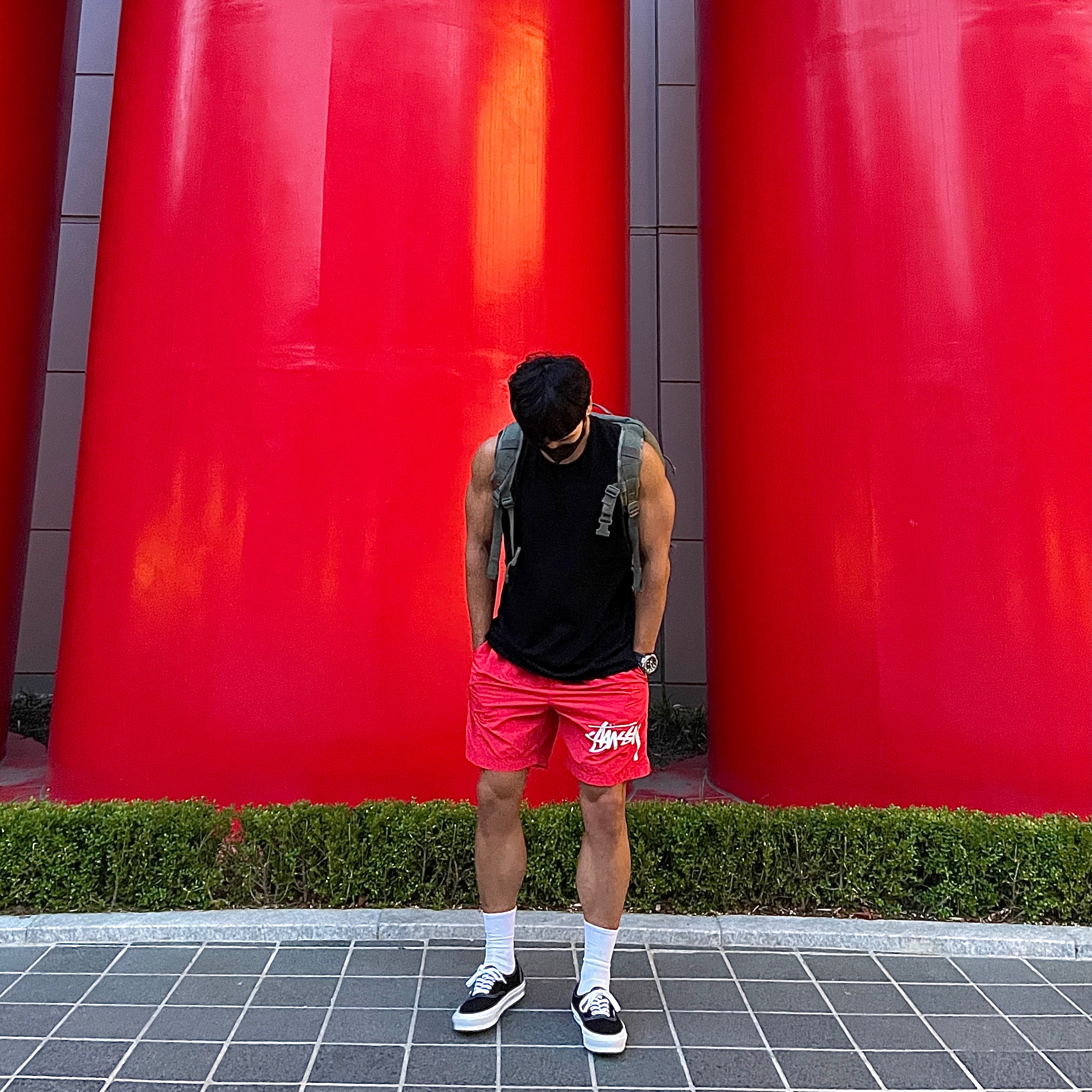 Nike x Stussy Water Shorts Habanero Red, Vans Vault OG Authentic LX Black 착용 스타일