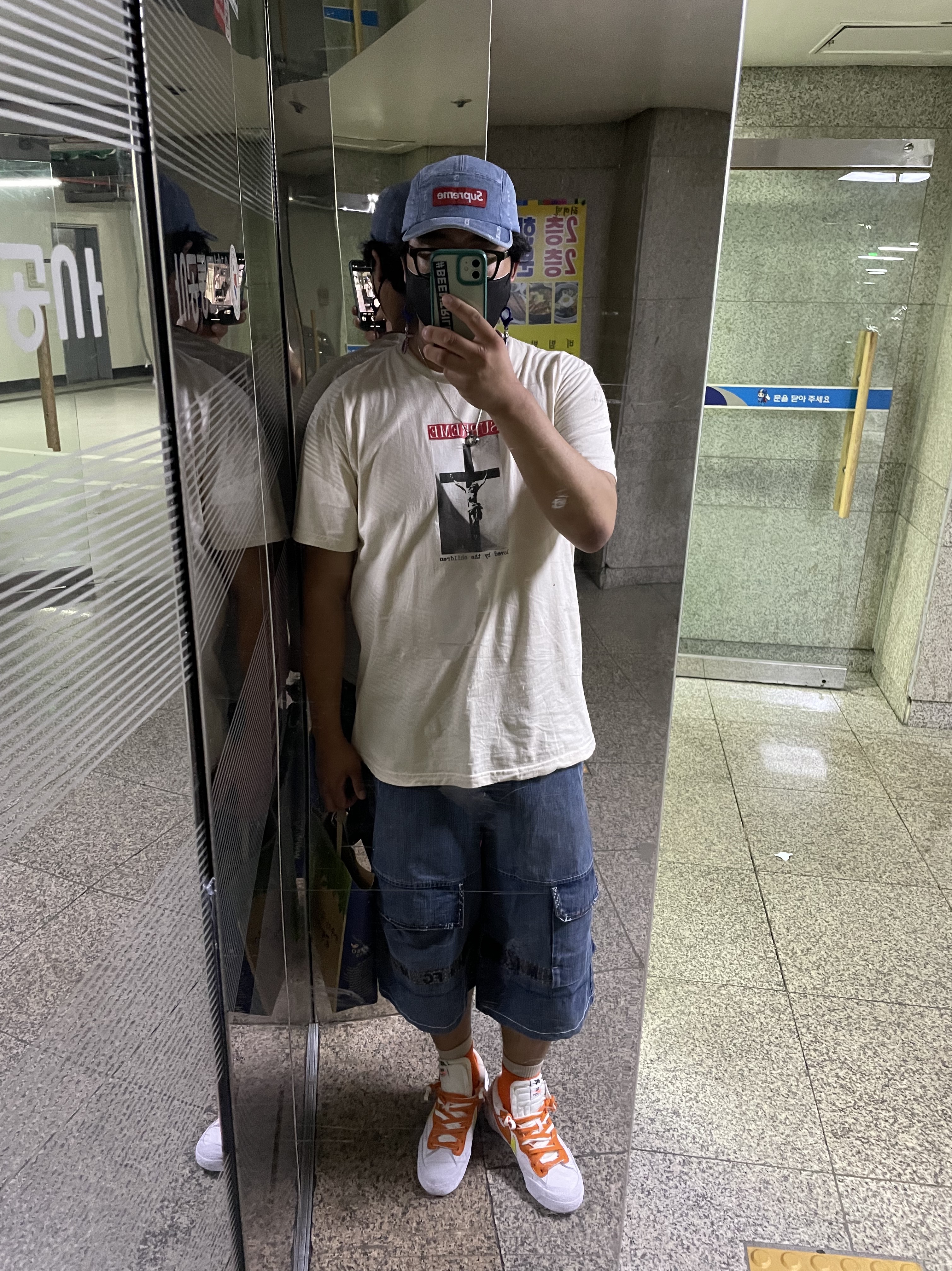 Nike x Sacai Blazer Low Magma Orange, Supreme Logo Stripe Jacquard Denim Camp Cap Blue - 20FW 착용 스타일 - 1