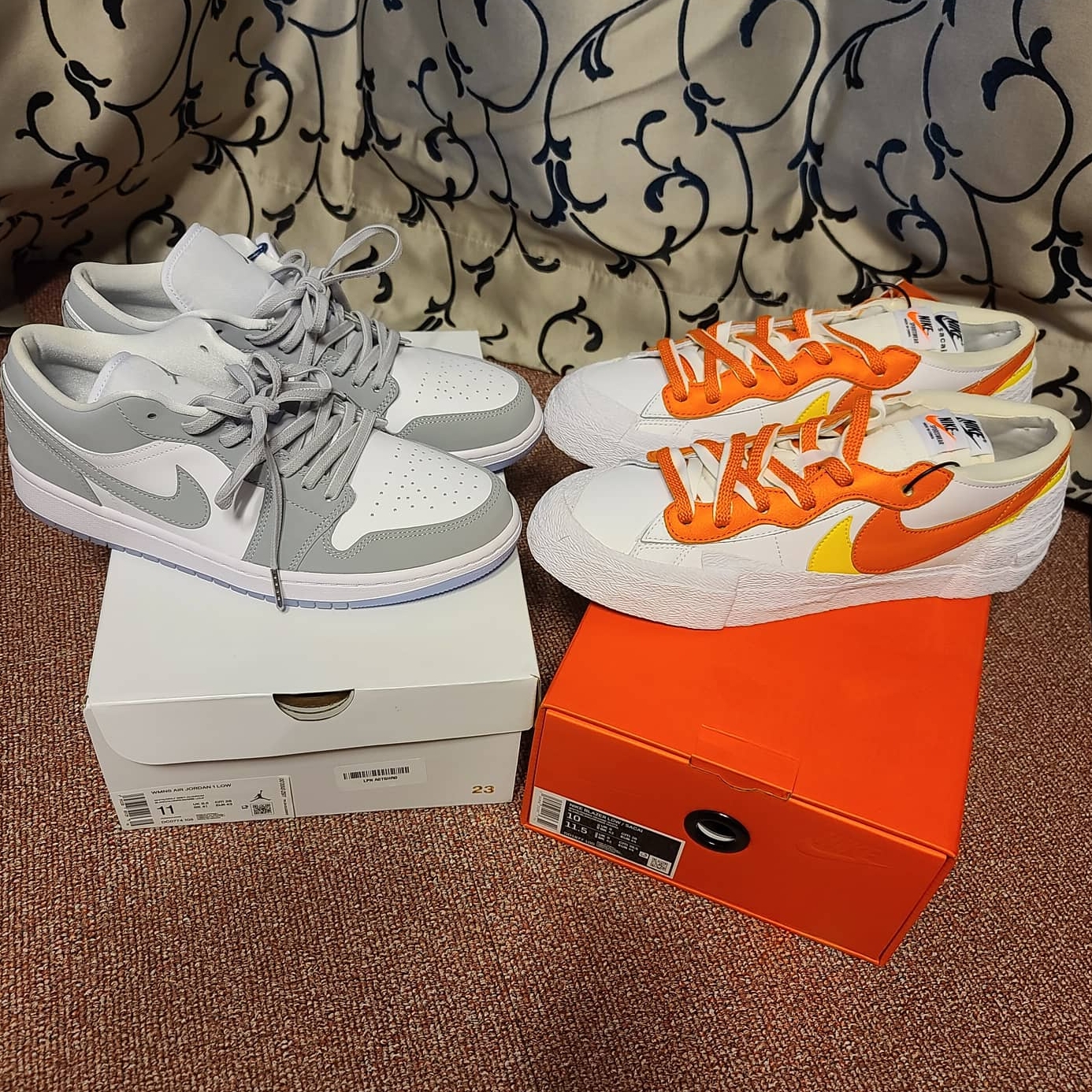 (W) Jordan 1 Low White Wolf Grey, Nike x Sacai Blazer Low Magma Orange 착용 스타일